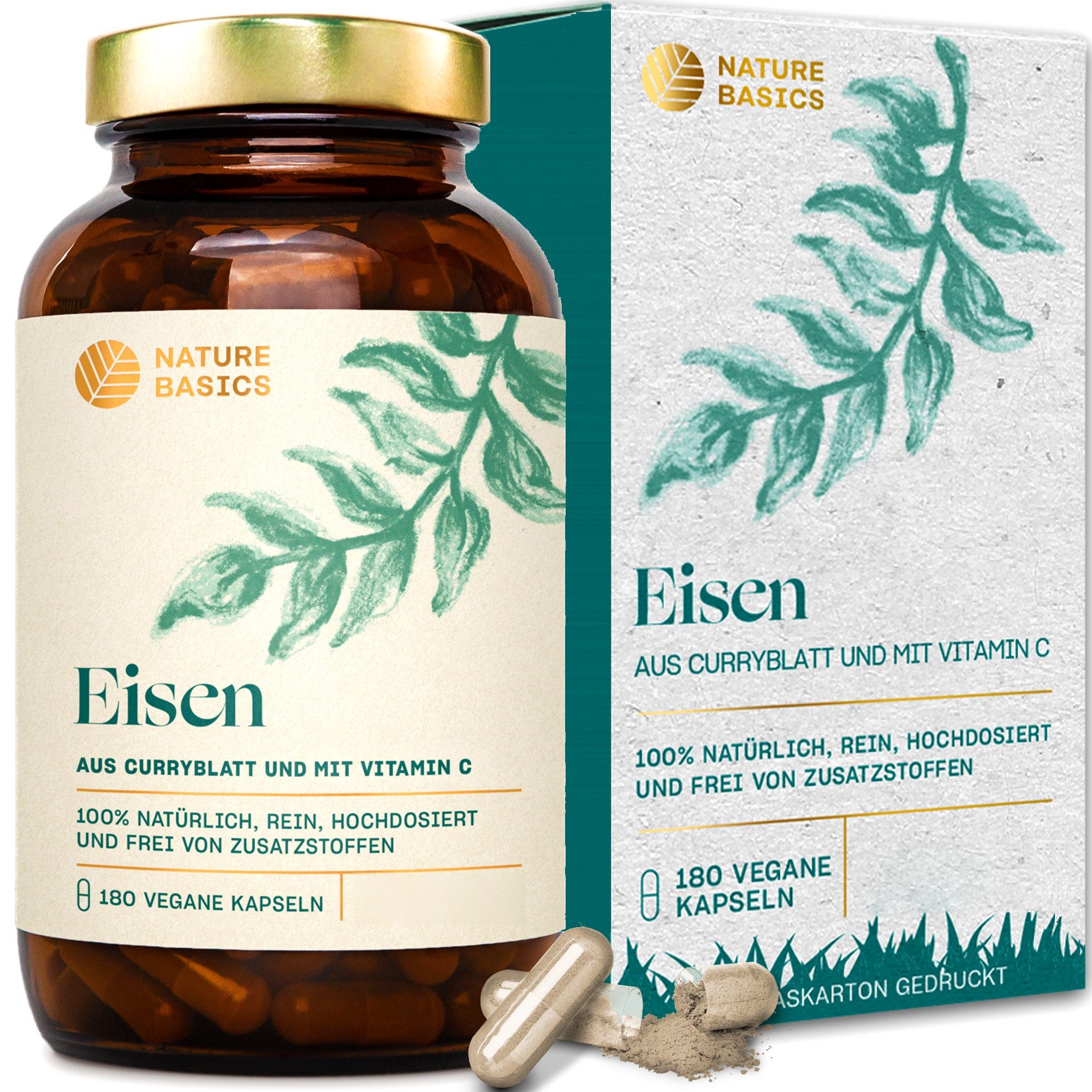 Nature Basics Natürliches Eisen mit Vitamin C Vegan im Braunglas 180 Kapseln, 180 St., 135 g