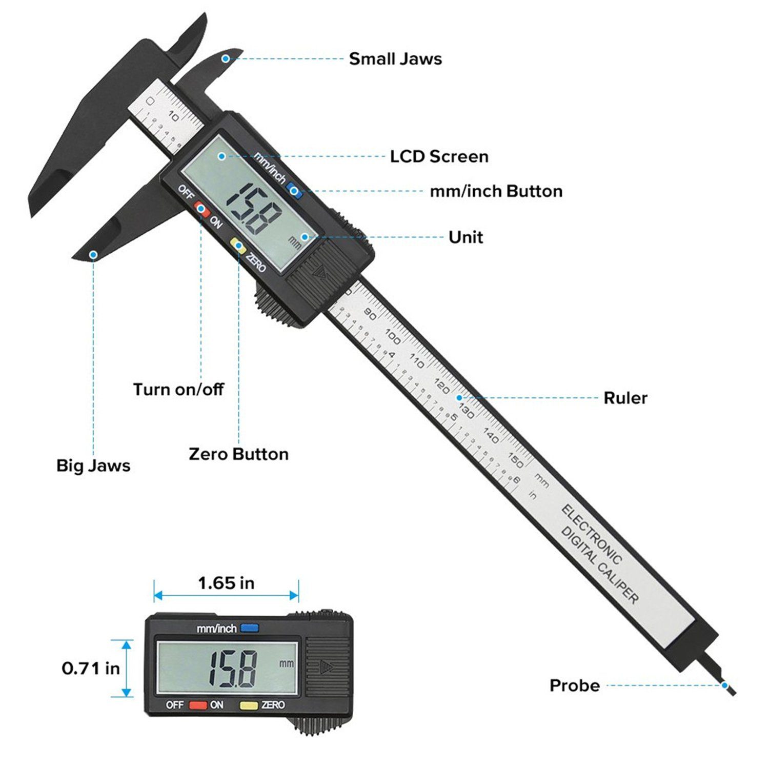 Olotos Messschieber Schwarz Tiefenmaß 0-150mm mit Außen-, Messlehre Schieblehre Batterie, automatische Digitaler Innen- und LCD Abschaltung Display für