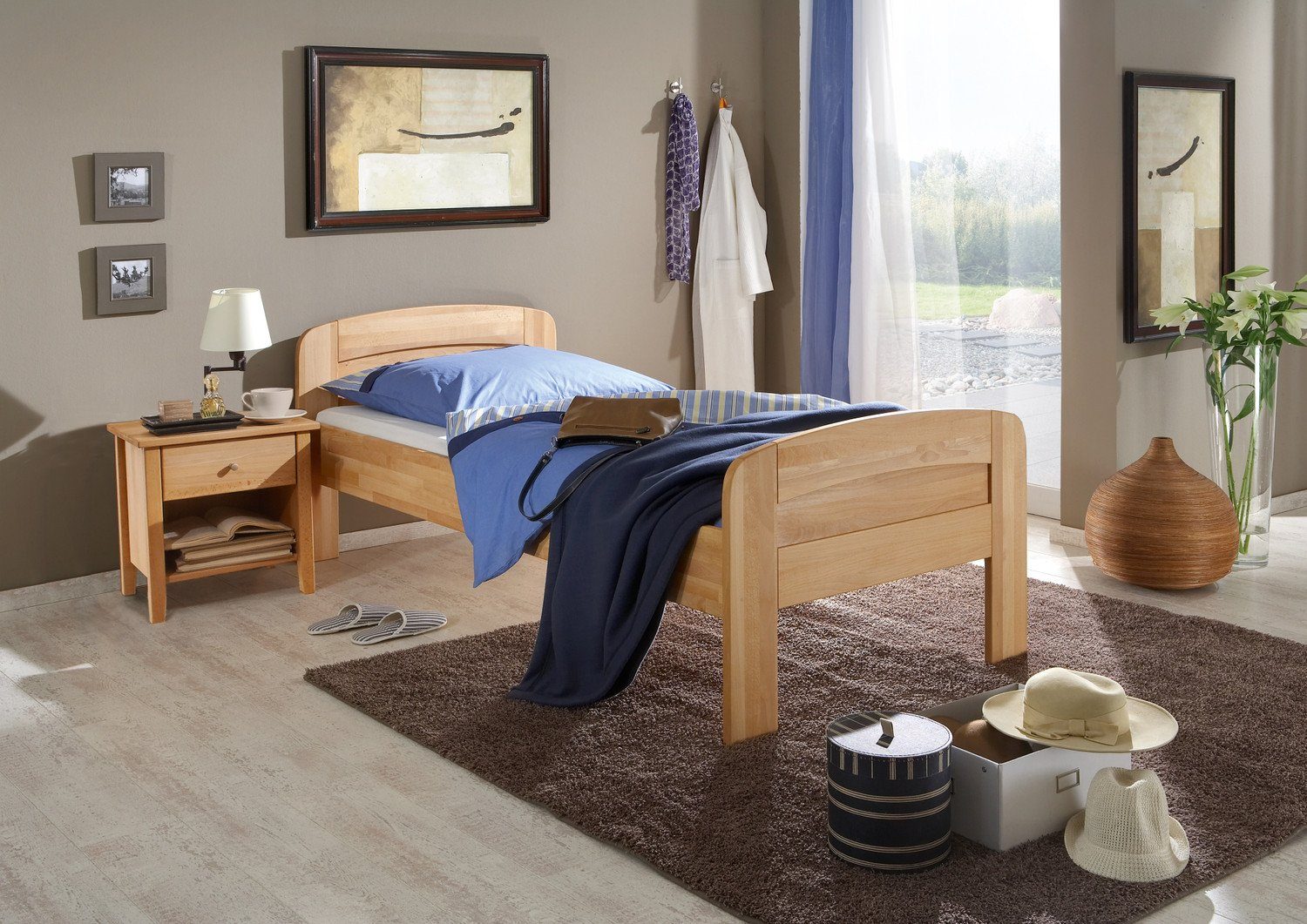 Natur24 Einzelbett Bett Comfort III Buche massiv 100x190cm Kopfteil hohes  Fußteil