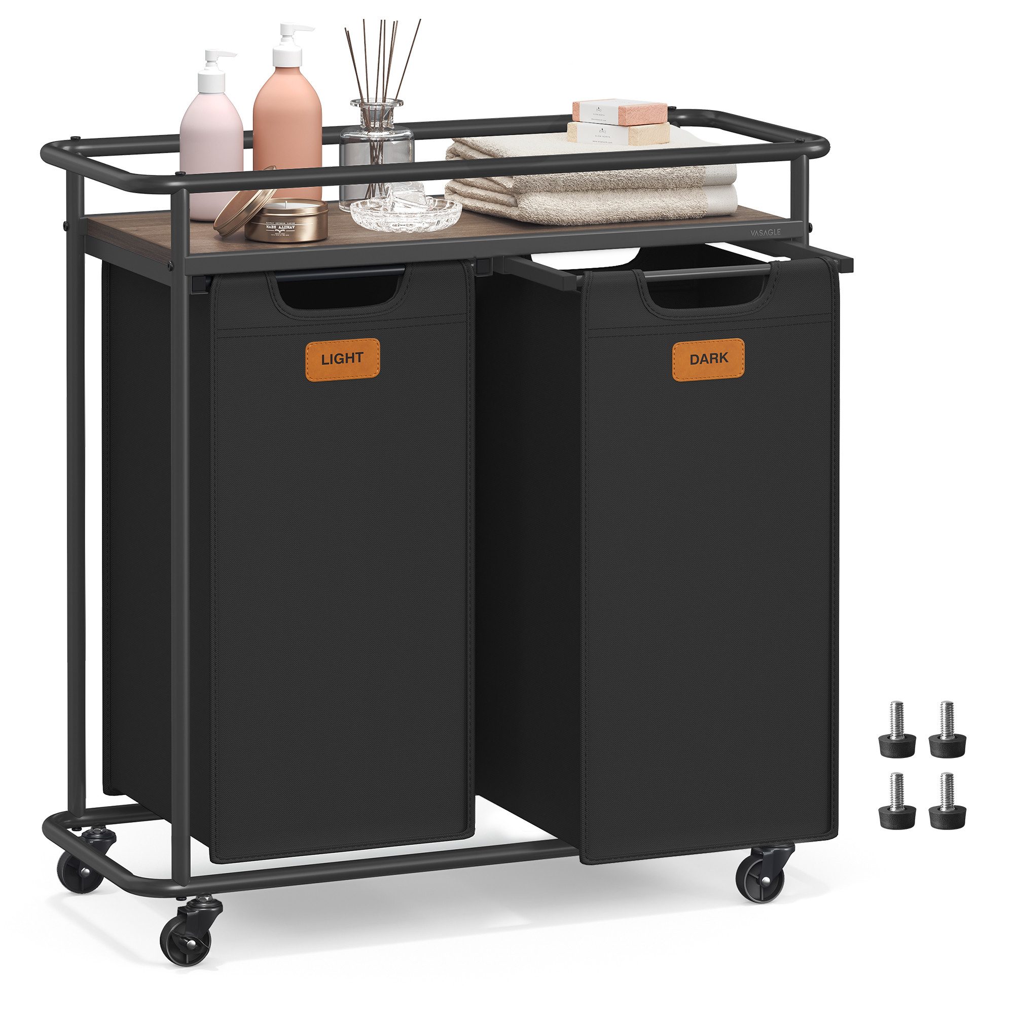 VASAGLE Wäschetruhe mit Rollen, Wäschekorb 2 Fächer, 100 L, 6 Etiketten, Waschküche, Wäschesortierer mit Ablage, Wäschewagen, abnehmbare Taschen