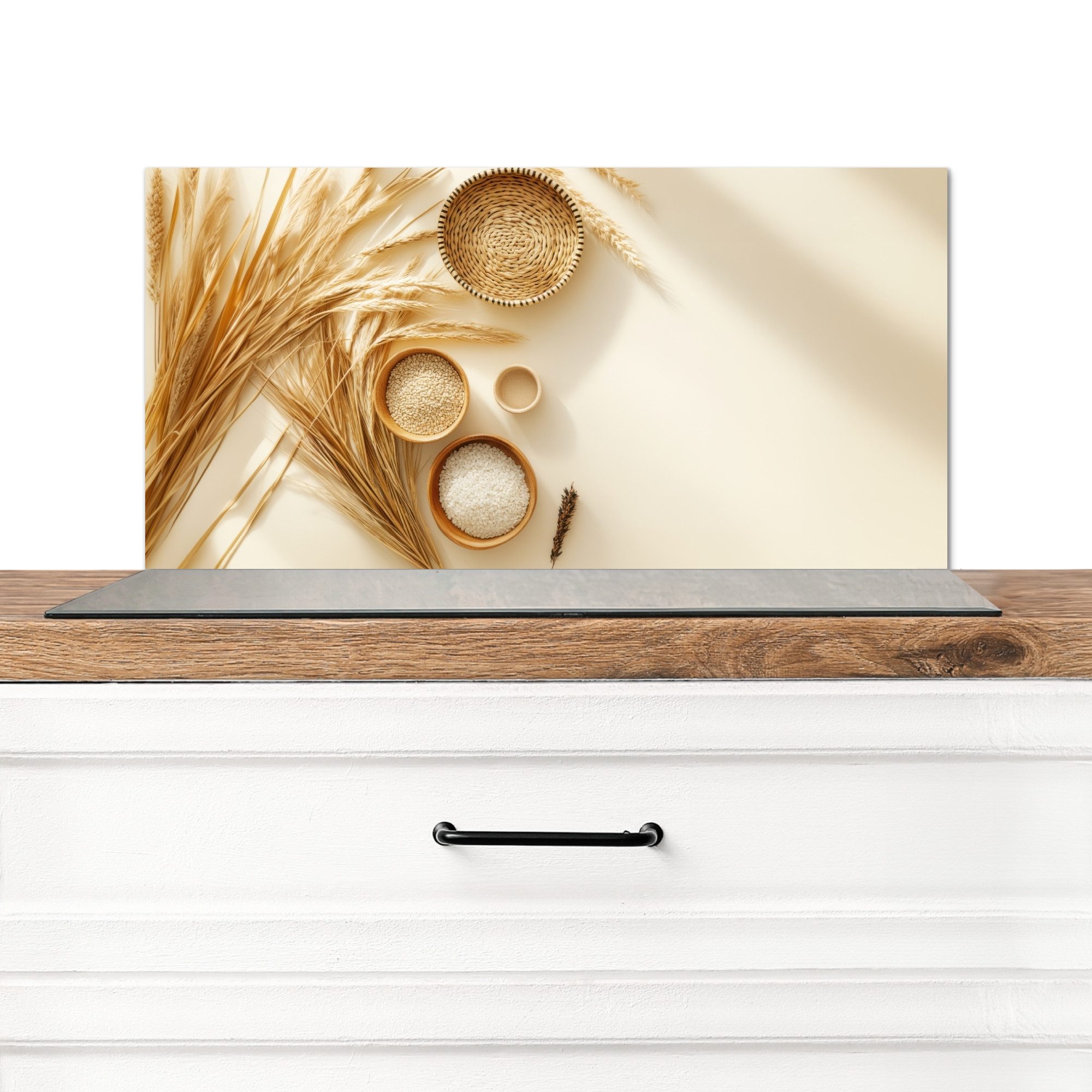 KitchenYeah Küchenrückwand Müsli - Holz - Schale - Beige, (1-tlg), Spritzschutz Küchenrückwand, Wandschutz, 60x30 cm