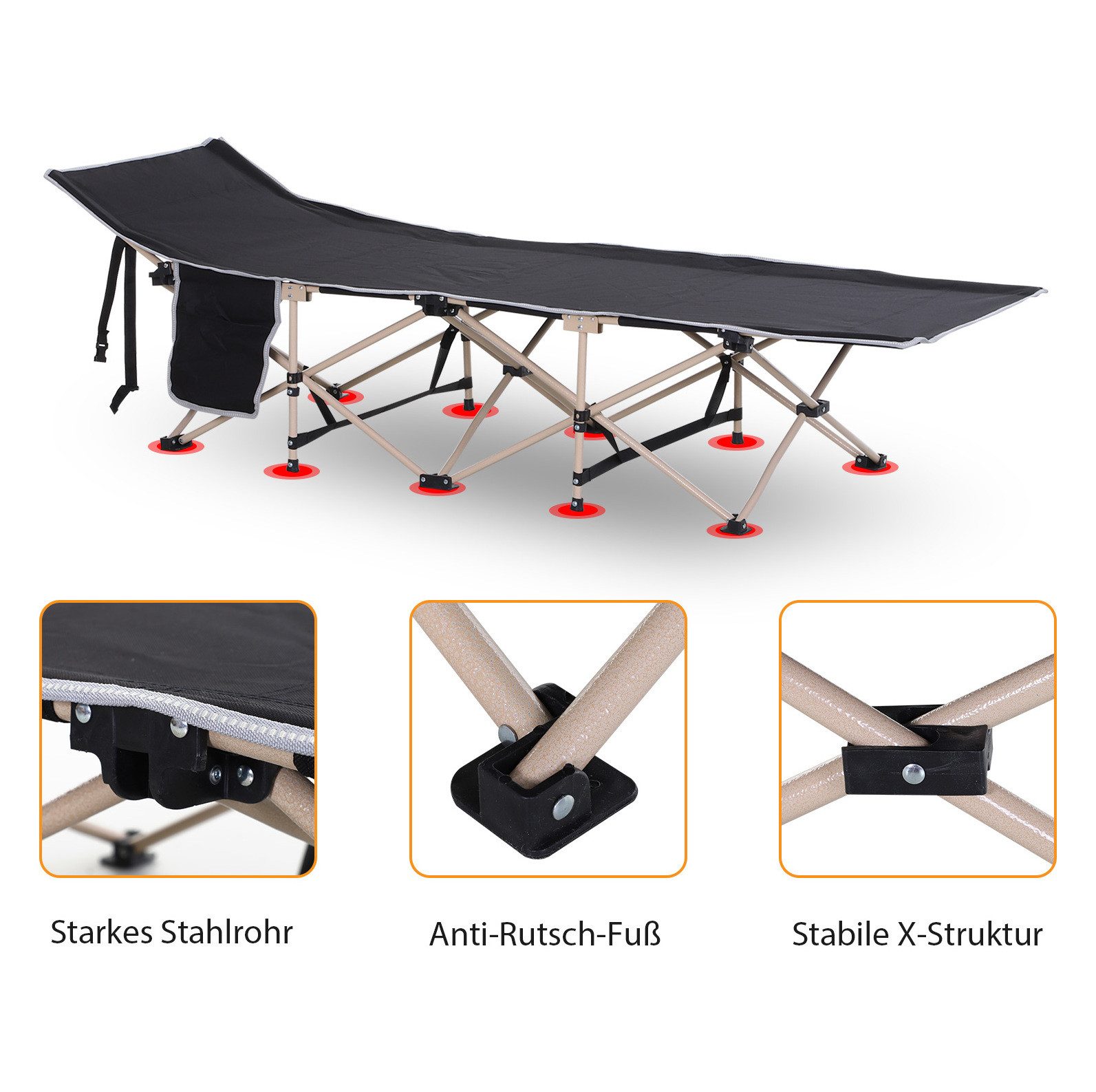MODFU Feldbett faltbar 190x68x52 cm Campingbett Oxford Schwarz (Packung, 1-St., Faltbett als Schlafliege für Reisen und Outdoor Aktivitäten) Klappbett mit Tragetasche für Camping Outdoor Freizeit