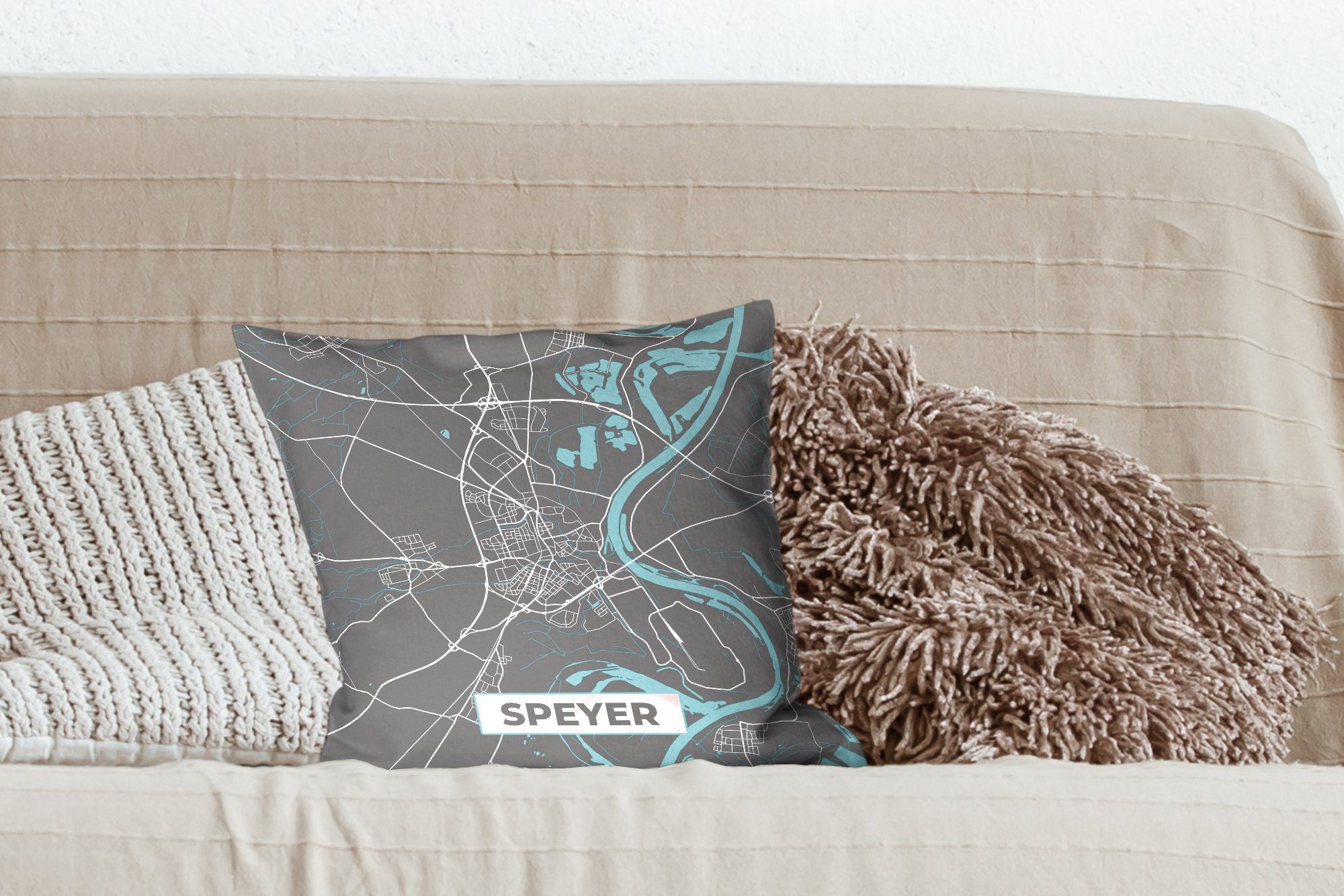 - Wohzimmer, Sofakissen Zierkissen Karte, Dekokissen Deutschland Speyer - Schlafzimmer, Deko, Blau Stadtplan MuchoWow für - mit - Füllung