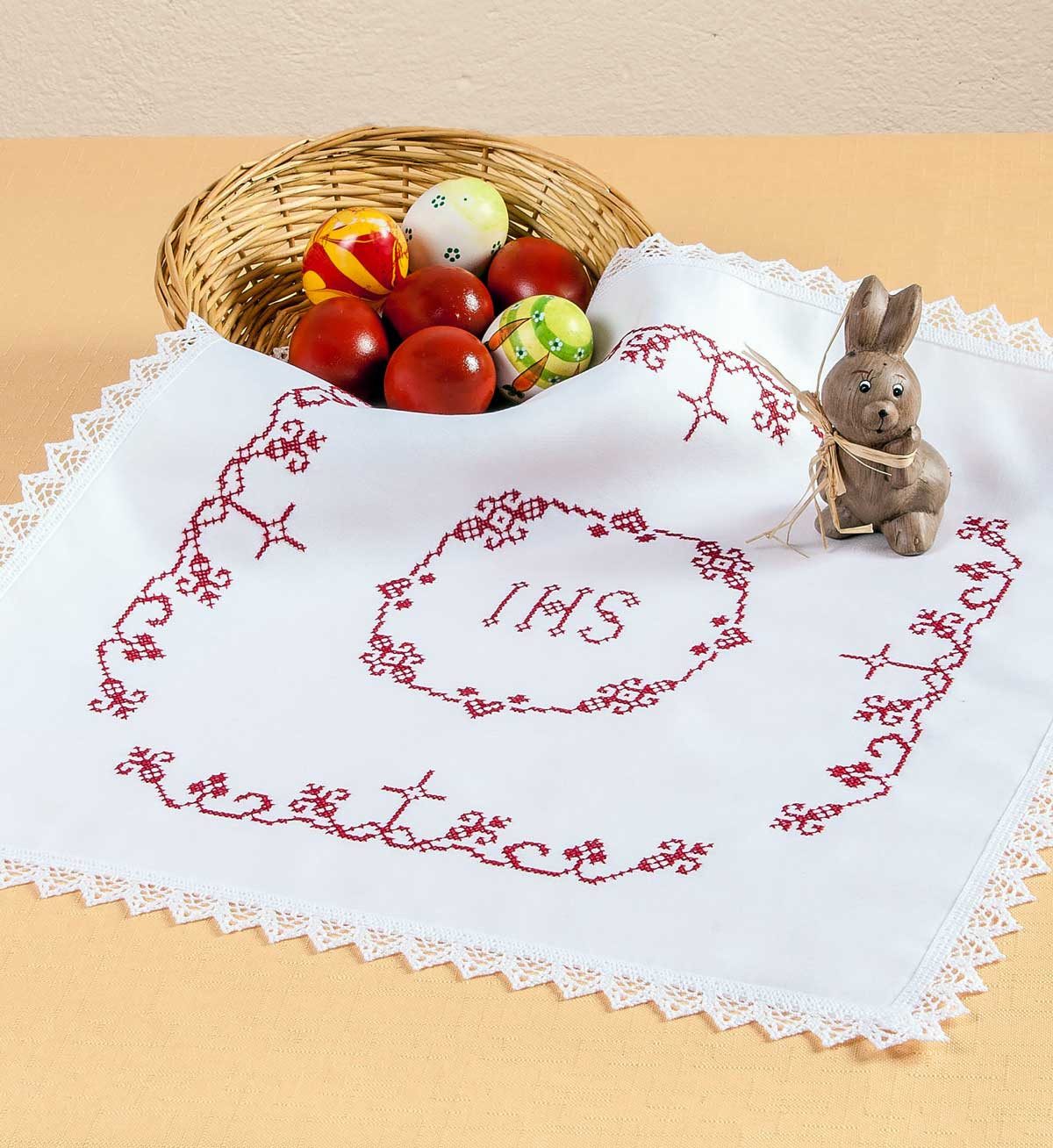 Hofer Kreativset "Kreuz 03" (Kruis) Paasmand servet 45x45 cm – Aida-stof met kant, (embroidery kit by Marussia)