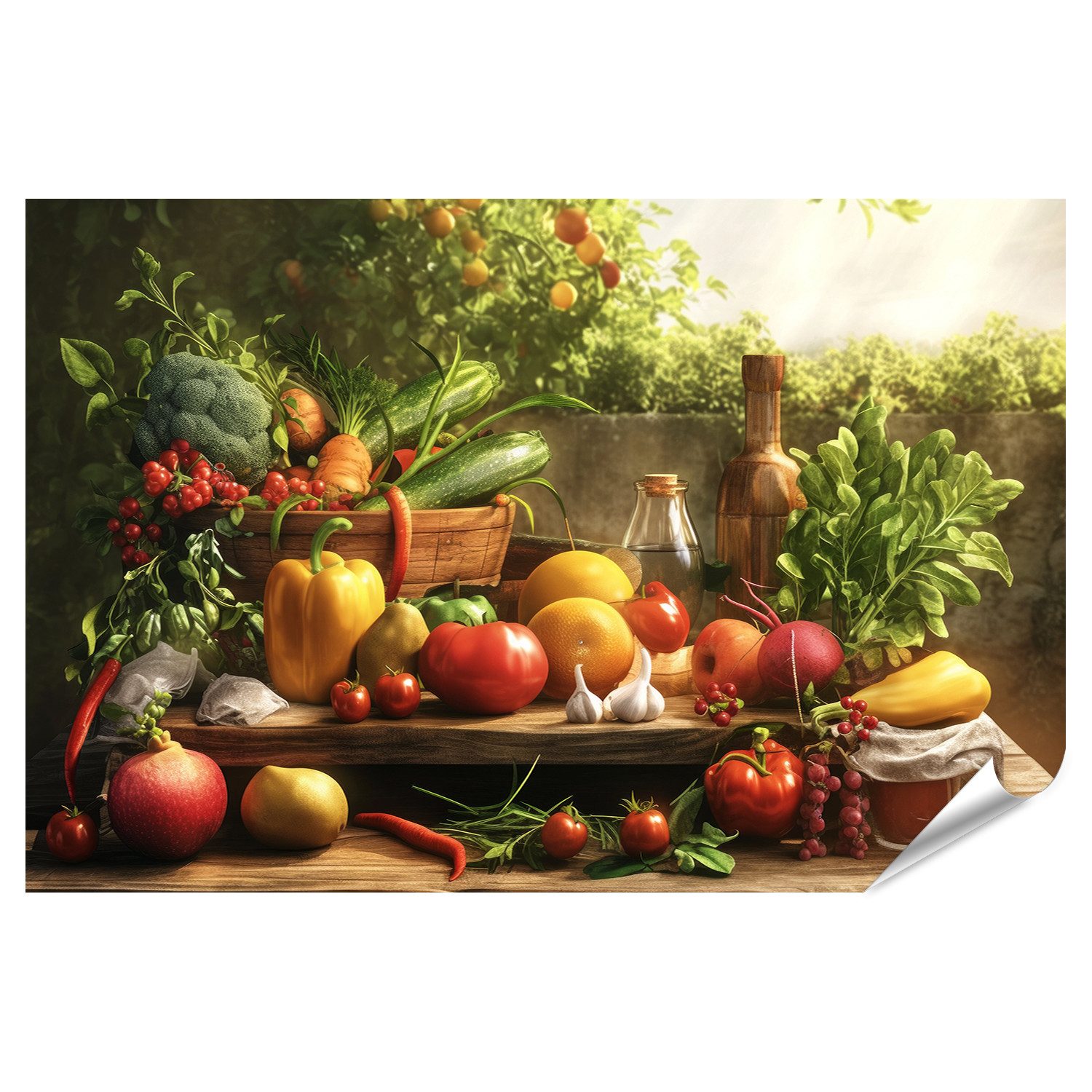 islandburner Poster Üppiges Gartenfrühstück mit frischem Gemüse und Obst für Küche