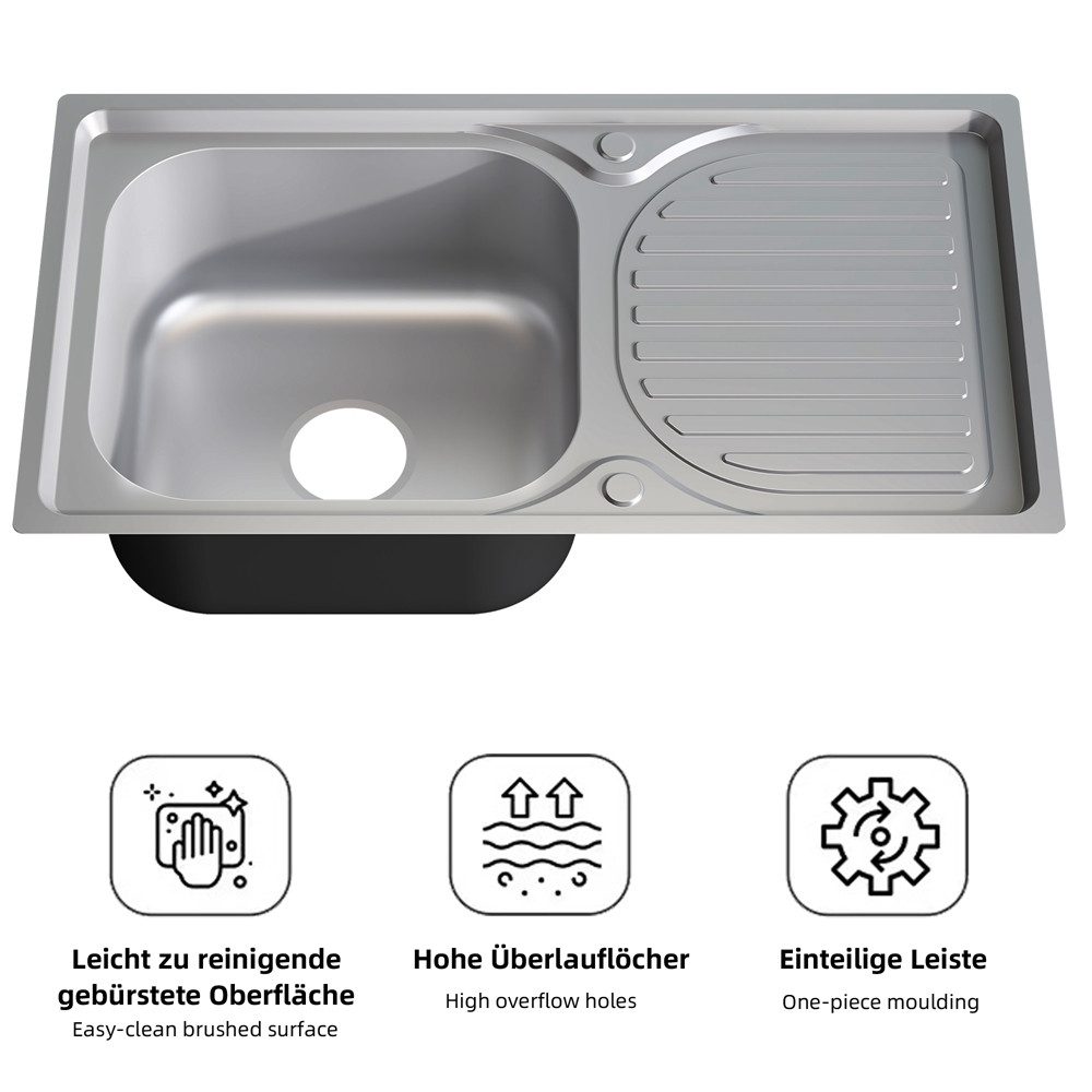 Melko Edelstahlspüle Küchenspüle Einbauspüle Spülbecken inkl. Zubehör aus Edelstahl, Rechteckig, 76/42 cm, (Set), Anti-Kondensbeschichtung – Bild 3 von 5