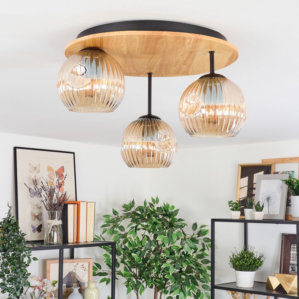 hofstein Deckenleuchte Deckenlampe aus Metall/Holz/Riffelglas in Schwarz/Na günstig online kaufen