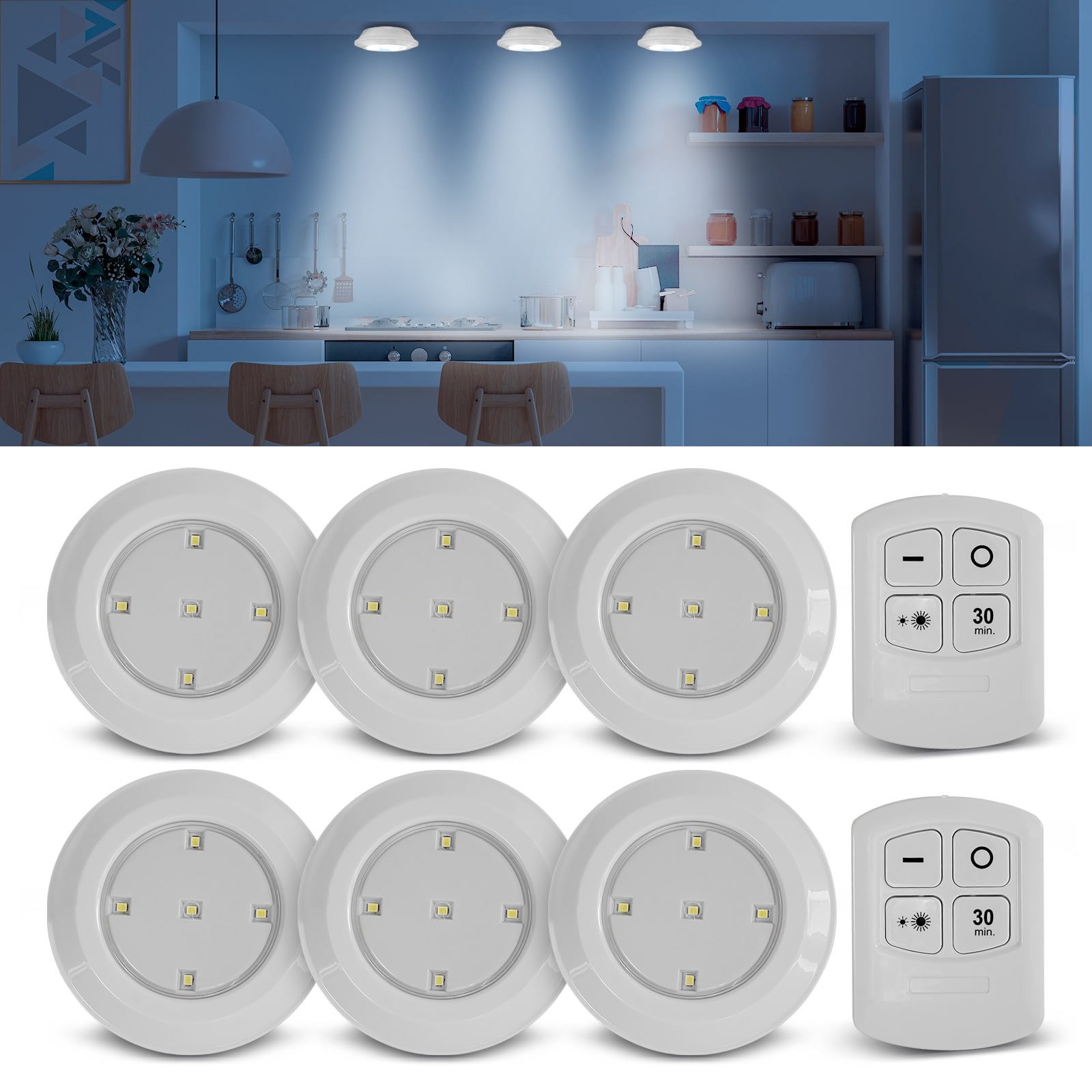 EAXUS LED Unterbauleuchte LED Lampe Batteriebetrieben mit Fernbedienung und Timer, Dimmbar (100%/50% Leuchtkraft), 30 Minuten Timer, LED fest integriert, Neutralweiß, Selbstklebend