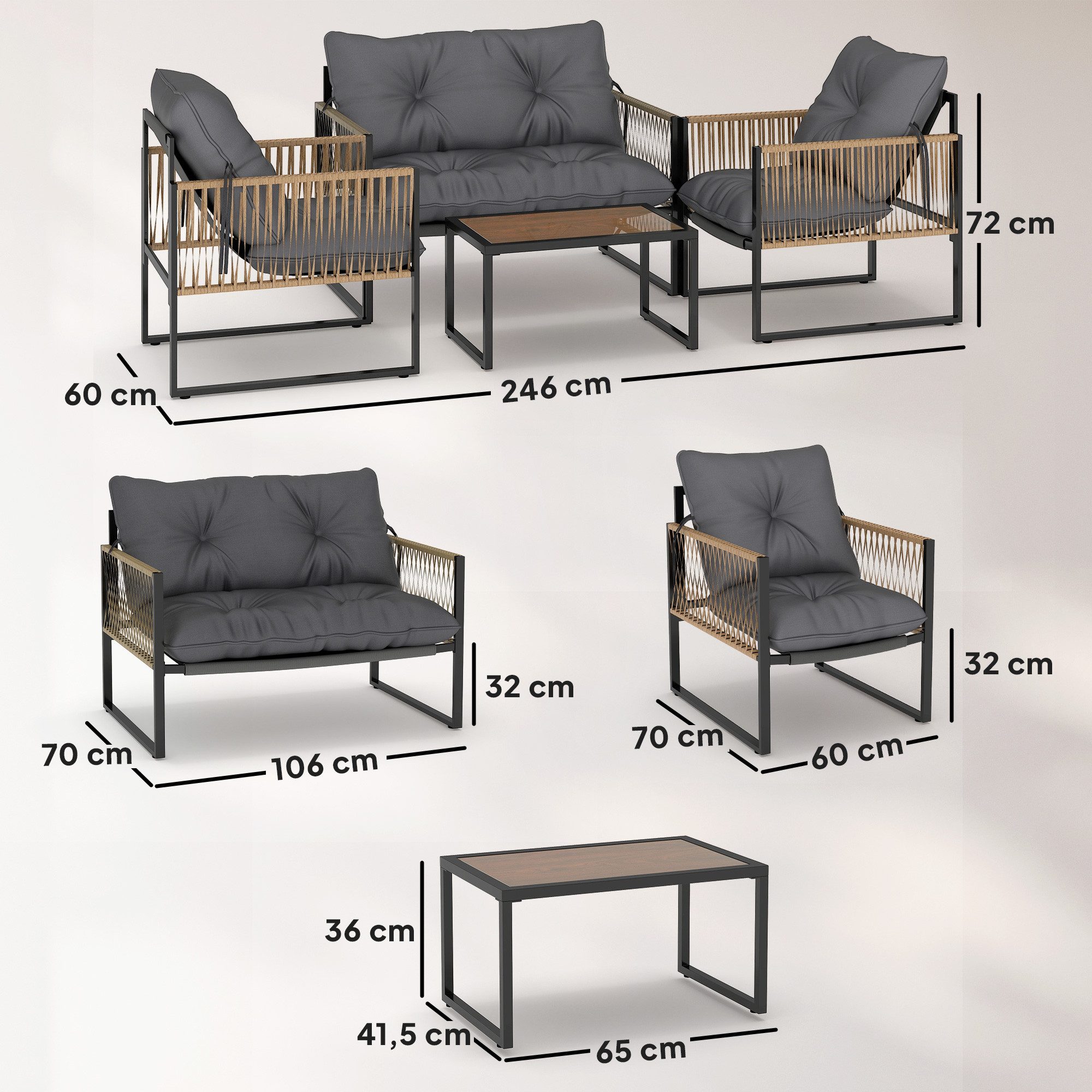 Outsunny Sitzgruppe 4 tlg. Rattan Gartenmöbel-Set mit 1 Couchtisch, 2 Sesseln, Zweisitzer, (Garten Lougen Set, 4-tlg., Gartengarnitur), für Garten, Terrasse, Stahl, Braun