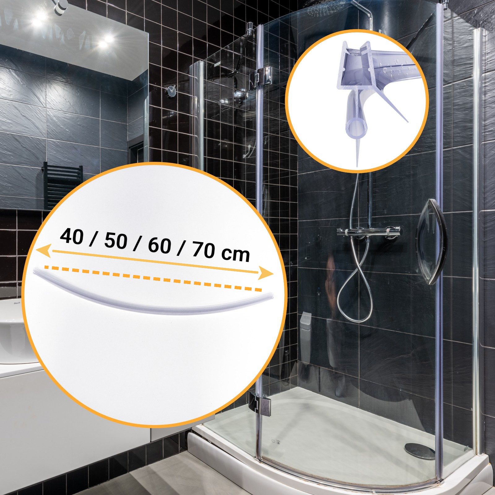 WITEN&NOCK Duschdichtung 2x gebogen Dichtung mit runder Schlauch und verlängerter Lippe 5-6 mm, L: 50 cm, (2-St), für Runddusche Viertelkreis Dusche