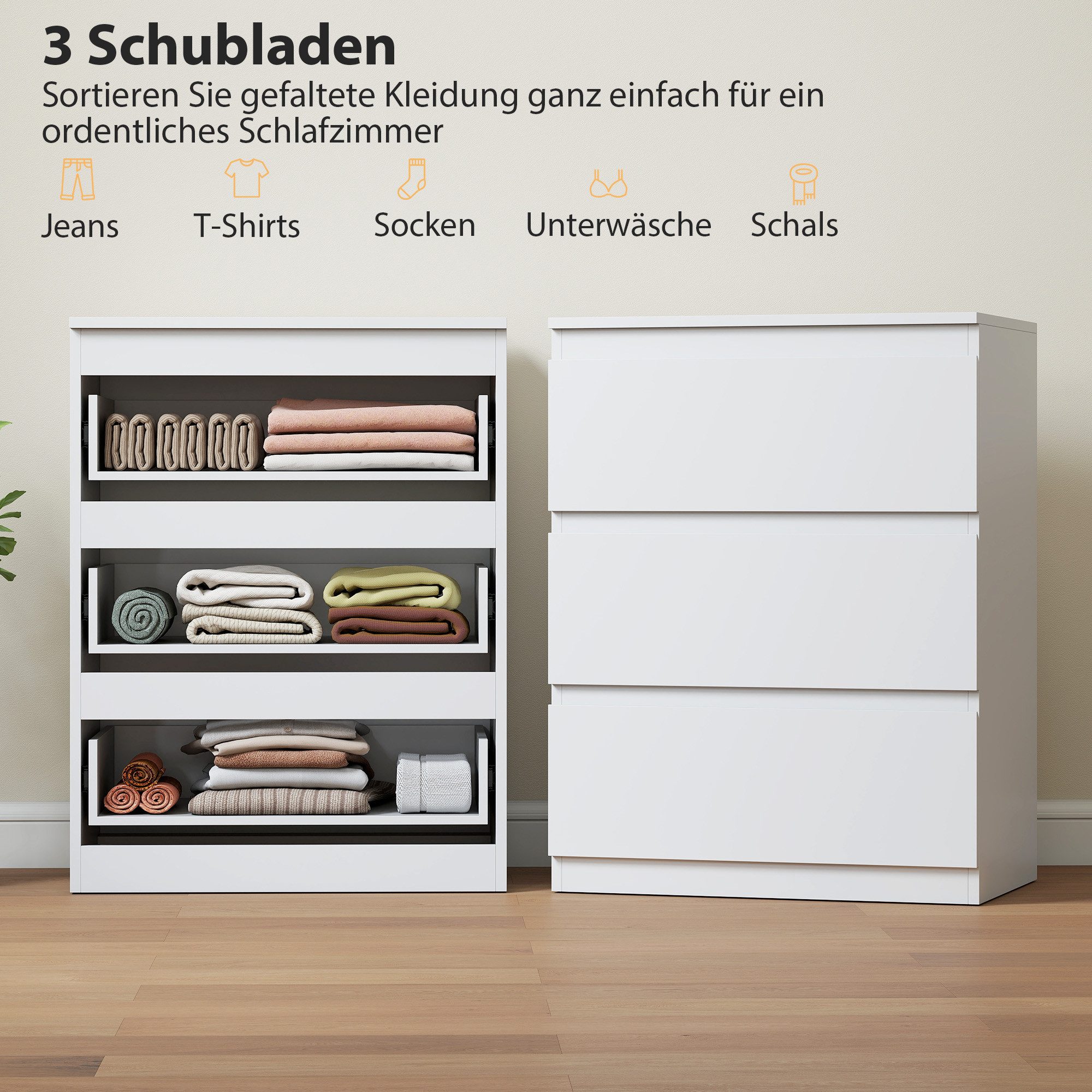 HOMCOM Kommode Kommodenschrank Aufbewahrungsschrank mit 3 Schubladen für Flur (Schubladenschrank, 1 St., Sideboard), für Wohnzimmer, Schlafzimmer, Weiß – Bild 4 von 5