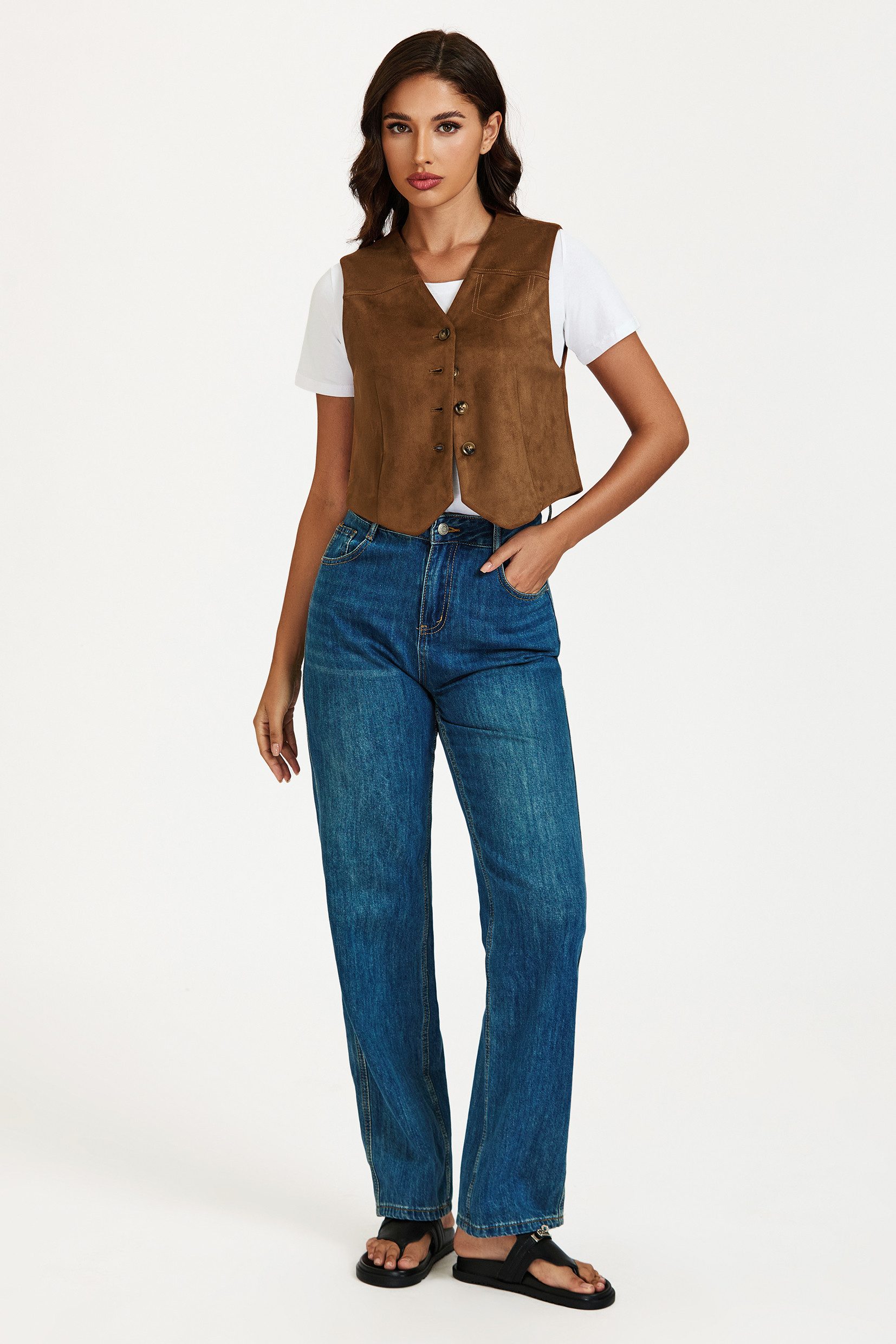 FS Collection Lederimitatweste Damen Lederimitatweste in Camel mit Knopfverschluss, Kunstlederweste (Größen: S, M, L, XL) 96,3 % Polyester, 3,7 % Elasthan – Bild 5 von 5