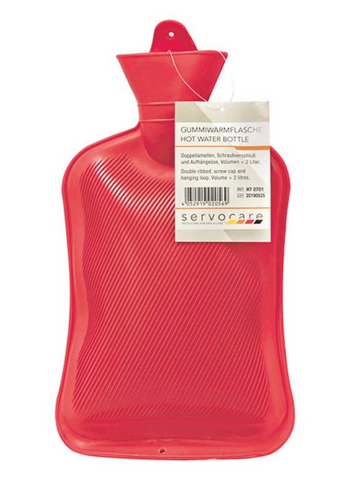 DocMed Wärmflasche mit kräftiger Doppellamellen-Qualität, (mit Praktischer Aufhängeöse, Leuchtend rote Farbe), Fassungsvermögen von 2 Litern