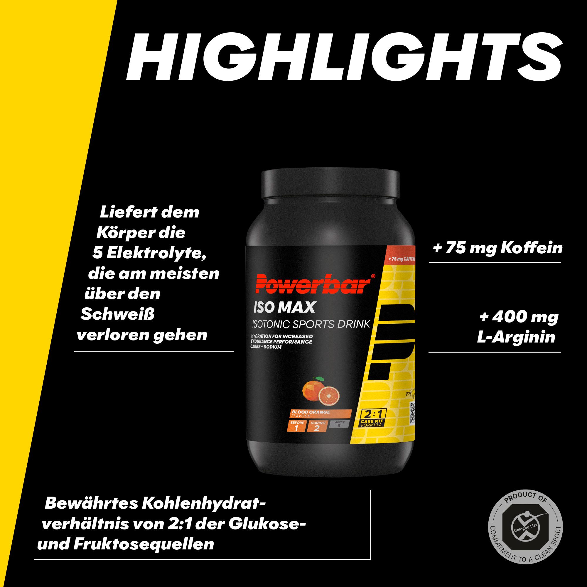 PowerBar IsoMax Blood Orange 1200g Isotonisches Getränkepulver + 75mg Koffein Pulver, 1 er Dose à 1 St., 1200 g, Kohlenhydrate / Glukose- und Fruktose-Quellen 2:1