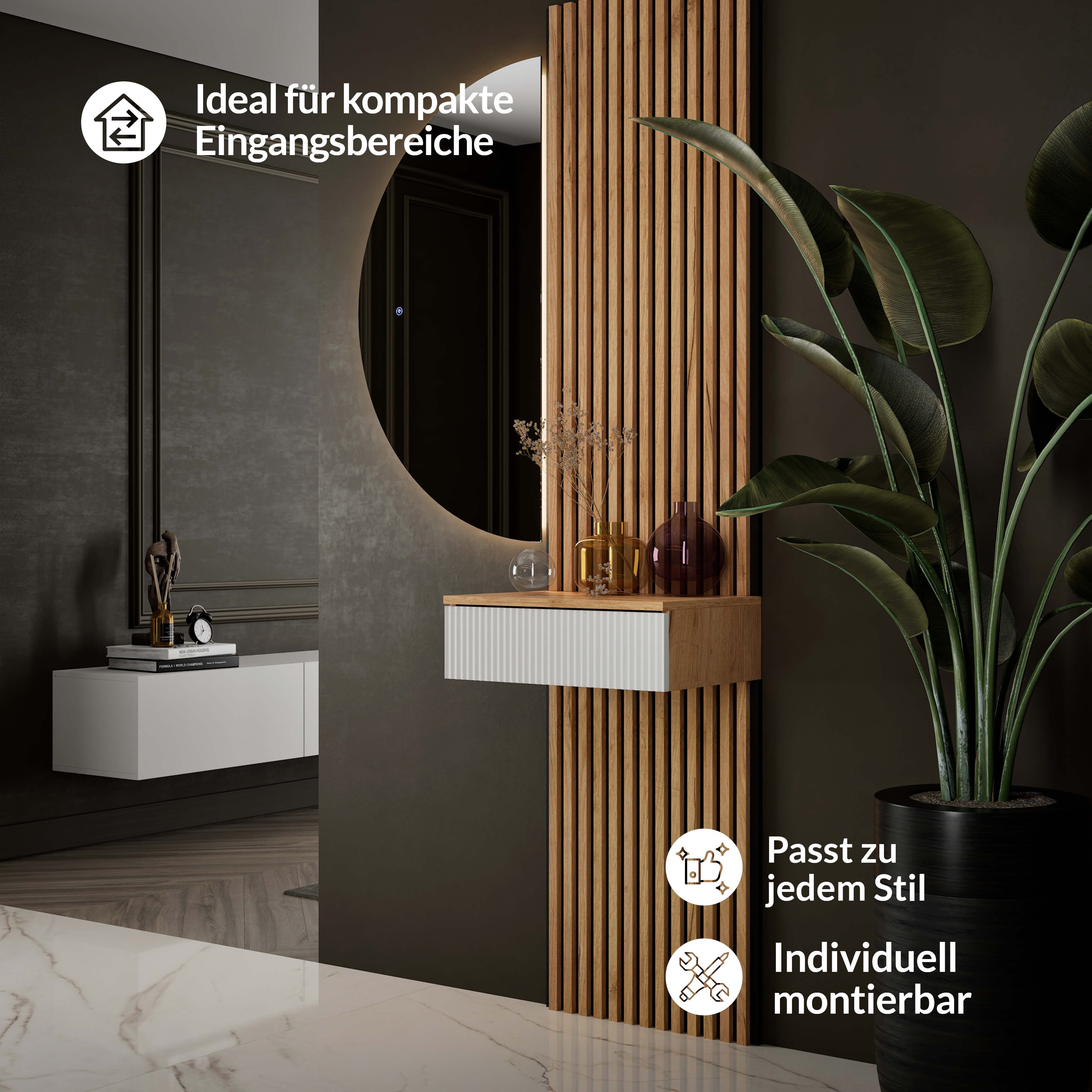 Planetmöbel Konsolentisch AMYRA (Wandmontage, 50 x 16 x 35 cm, 1-St., Gold Eiche - Weiß), Wand-Konsole für Garderobe, Flur und Schminktisch – Bild 4 von 5