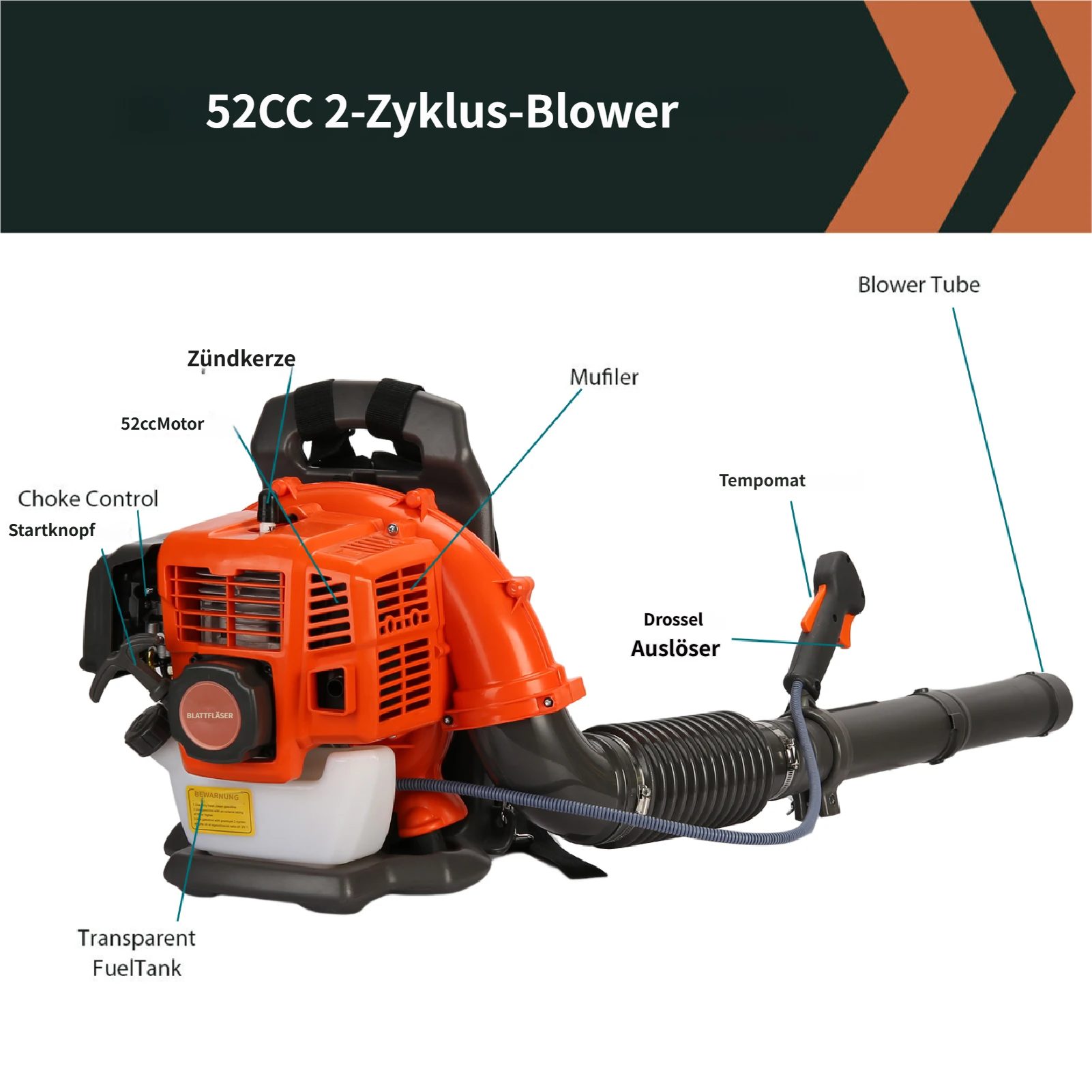 Rutaqian Benzin-Laubbläser 52CC Benzin laubbläser, 2-Takt Schnurlos Laubbläser Benzinmotor, Rucksack Laubbläser 6800RPM für Rasenpflege und Hofreinigung