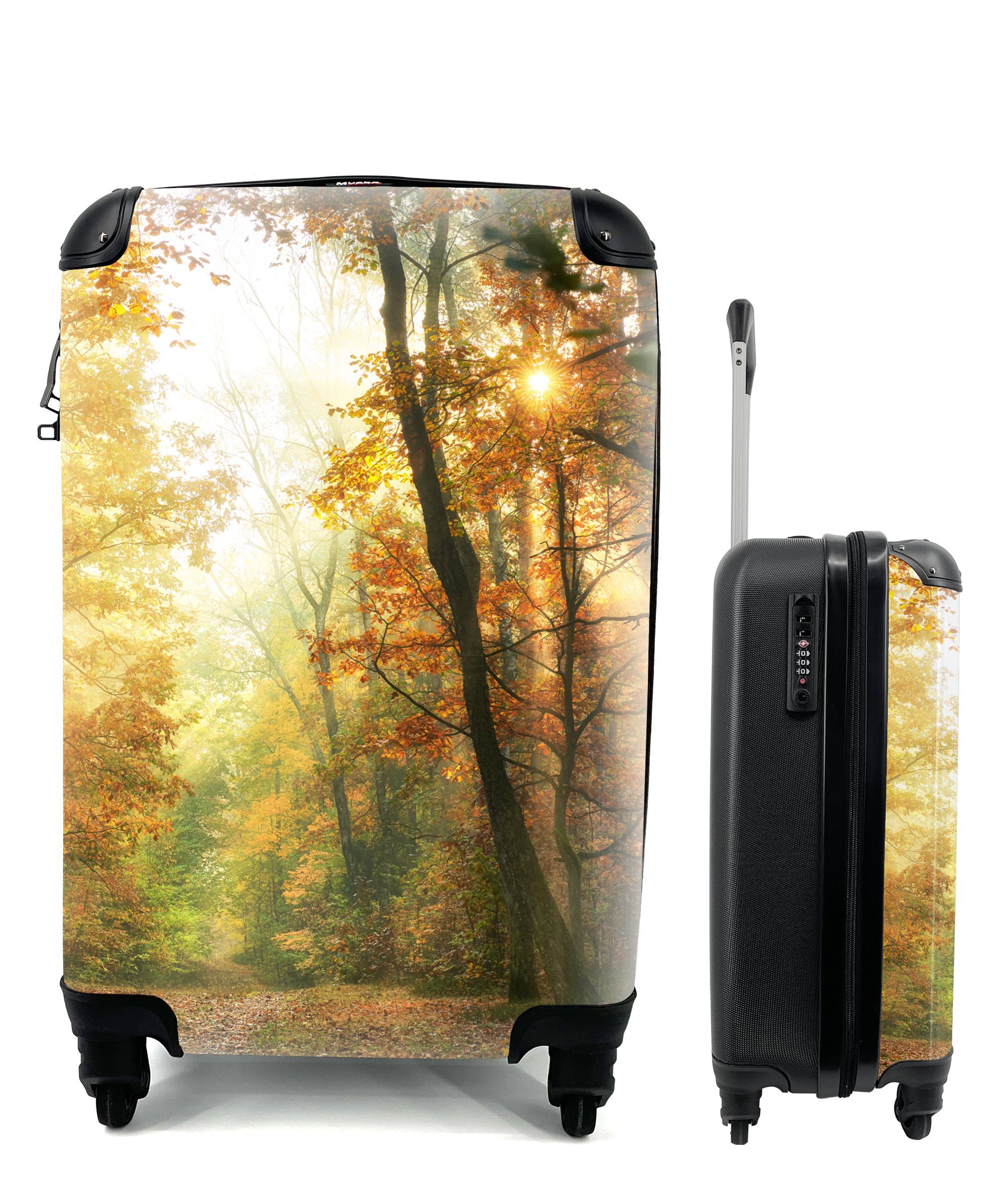 MuchoWow Handgepäckkoffer Wald - Herbst - Sonne - Landschaft - Natur - Bäume - Laub, 4 Rollen, Reisetasche mit rollen, Handgepäck für Ferien, Trolley, Reisekoffer