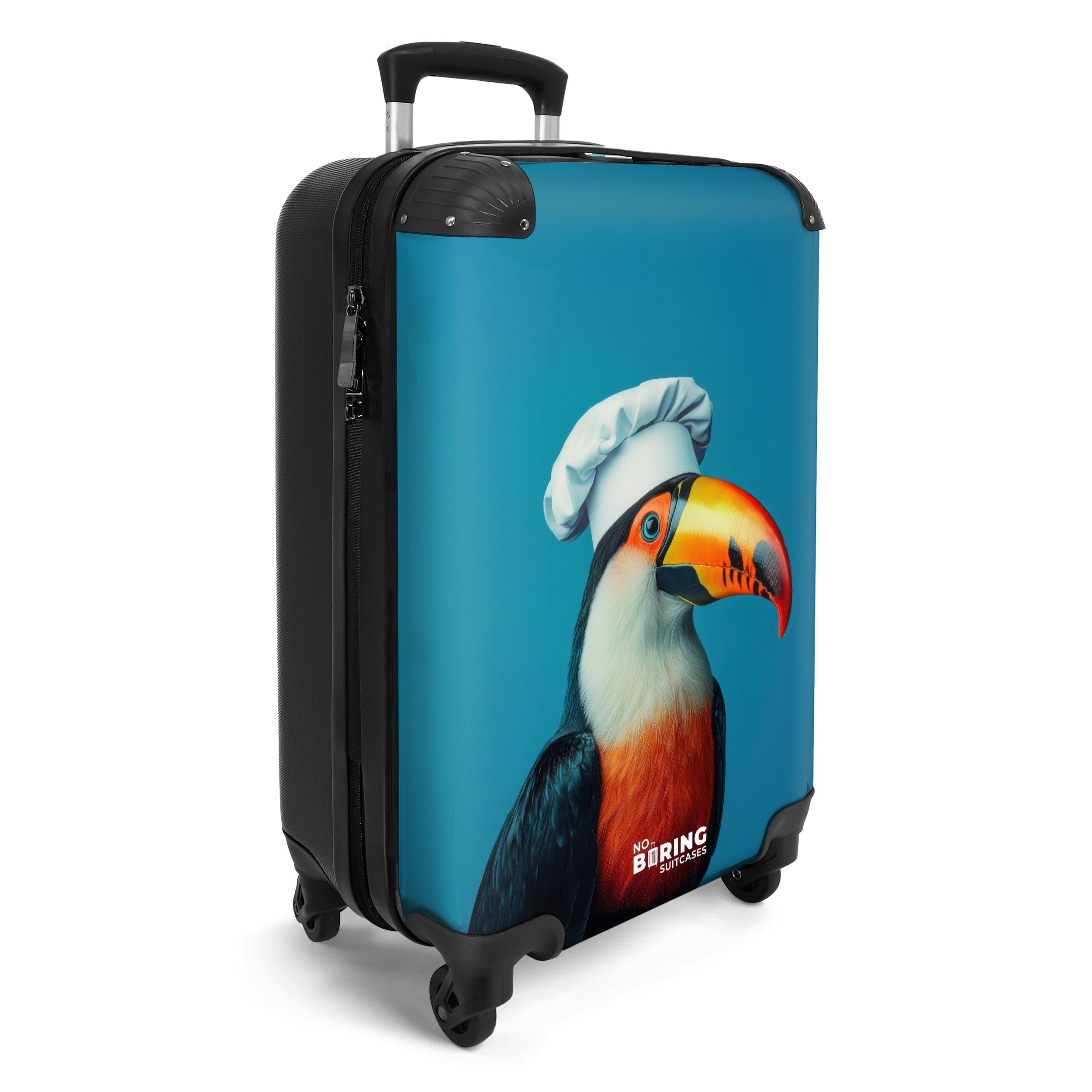 NoBoringSuitcases.com© Hartschalen-Trolley Tukan mit Kochmütze auf günstig online kaufen