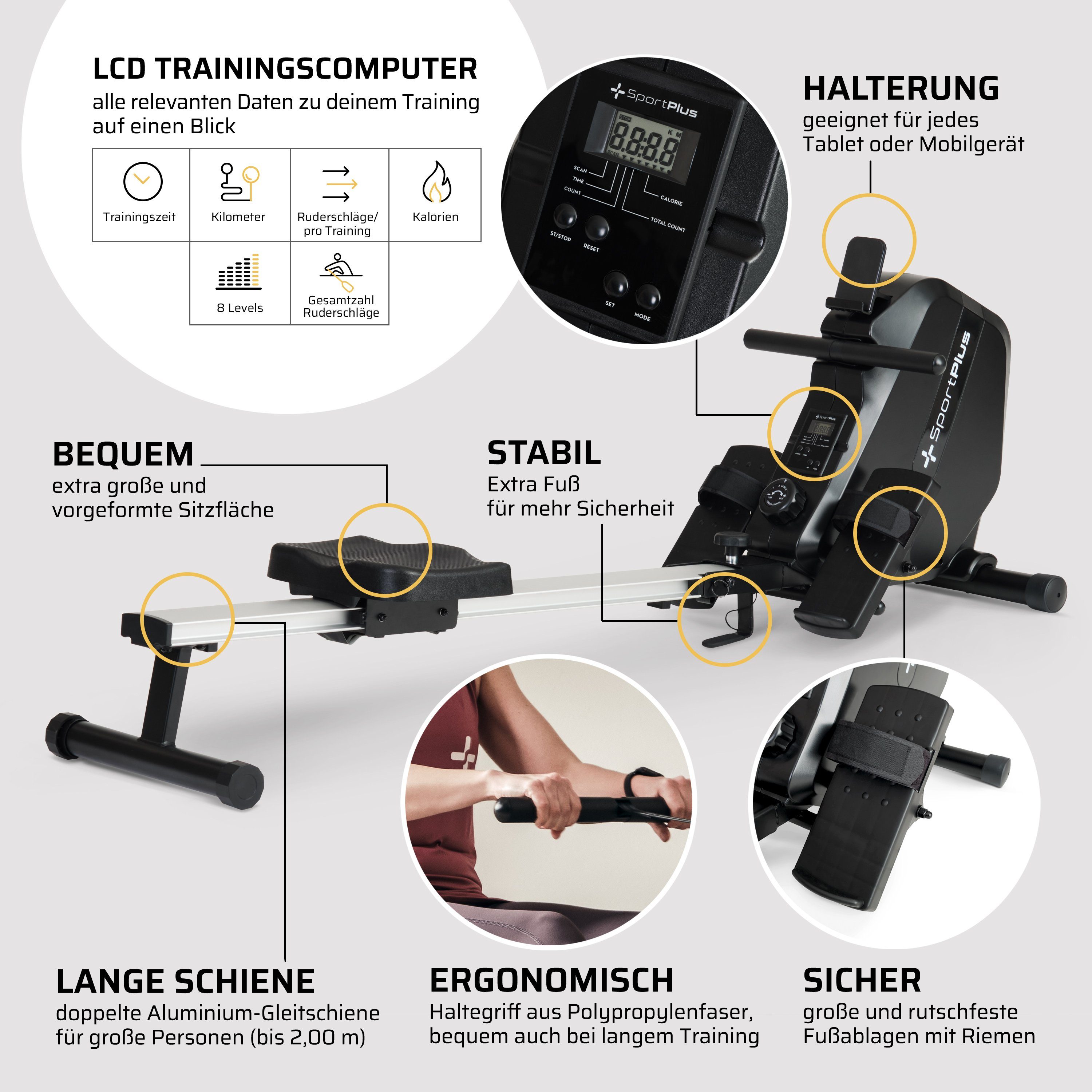 SportPlus Rudergerät SP-MR-1100, Rudergerät für Zuhause, klappbar, kleiner Trainingscomputer