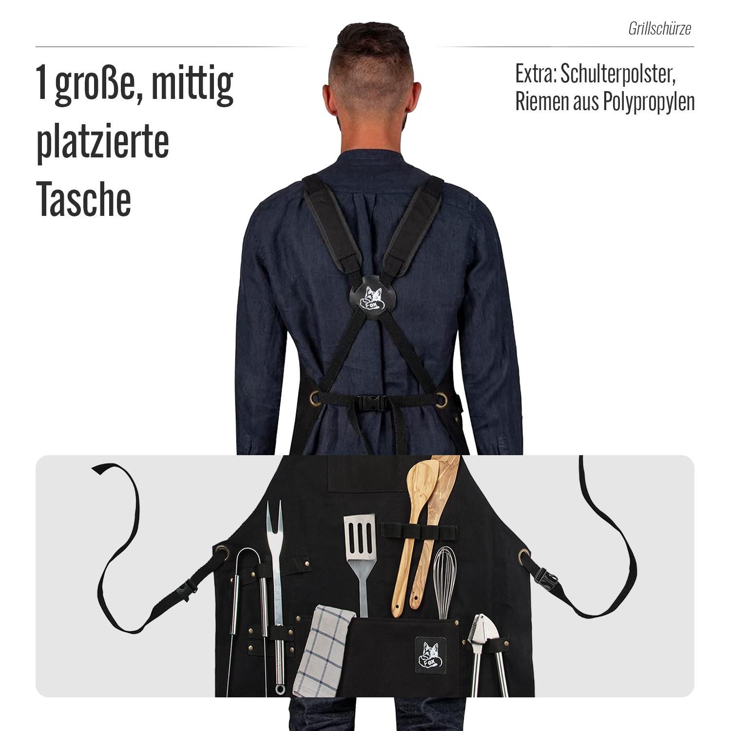BLACK FOREST FOX Grillschürze Canvas Arbeitsschürze, Grillschürze BBQ Kochschürze Art & Comfort in, COMFORT Schwarz – Bild 5 von 5