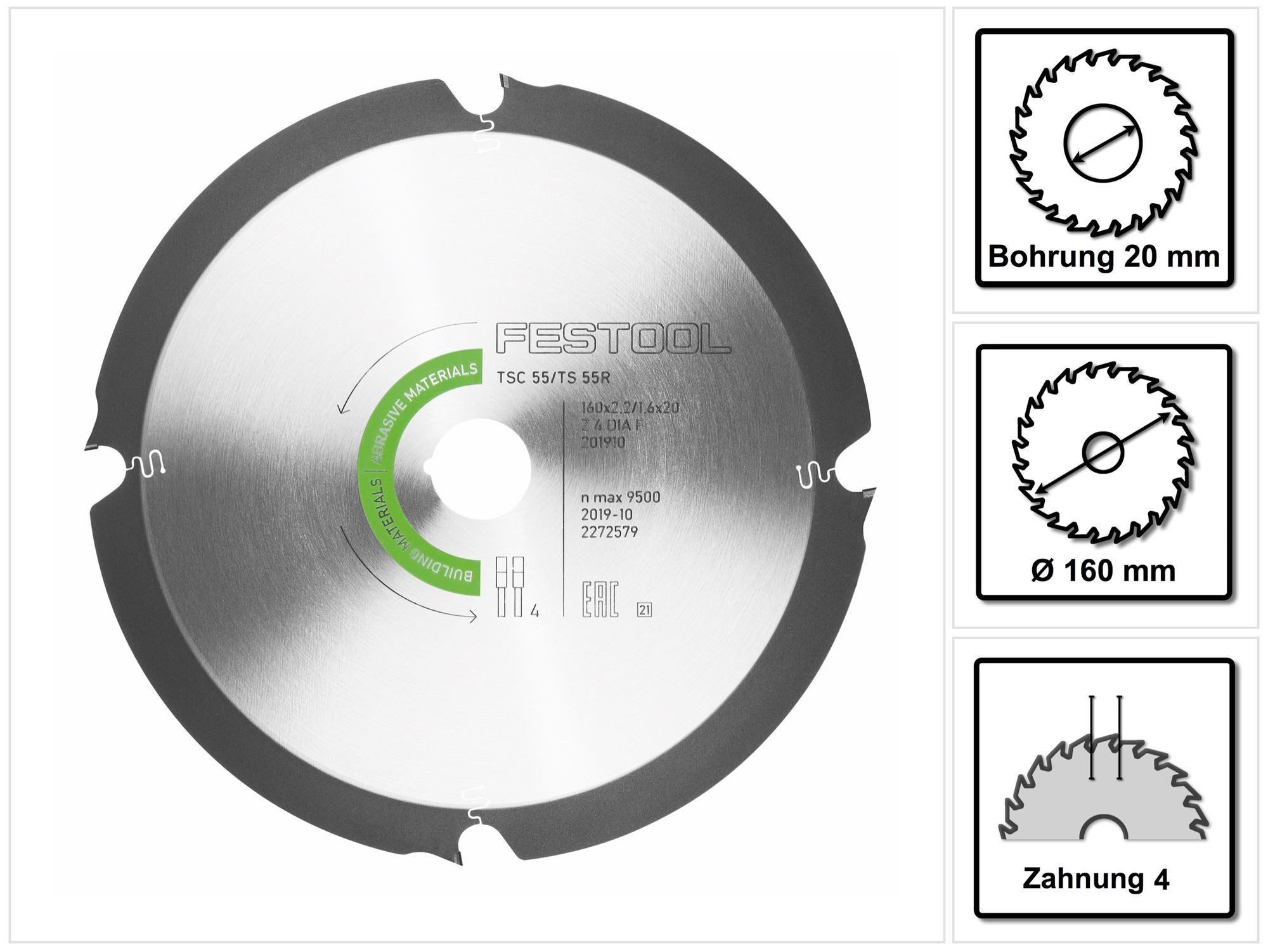 FESTOOL Kreissägeblatt Diamant-Sägeblatt 160 x 2,2 x 20 mm DIA4 für TS 55 R und TSC 55 (201