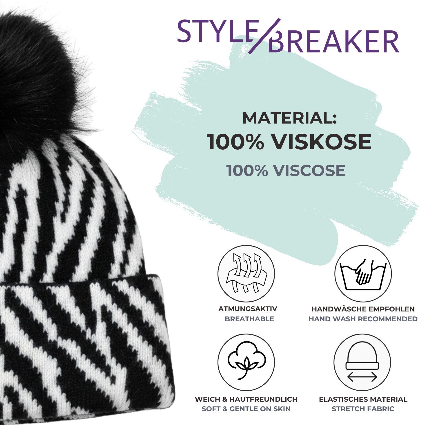 styleBREAKER Bommelmütze Strick Bommelmütze mit Zebra Muster (1-St)
