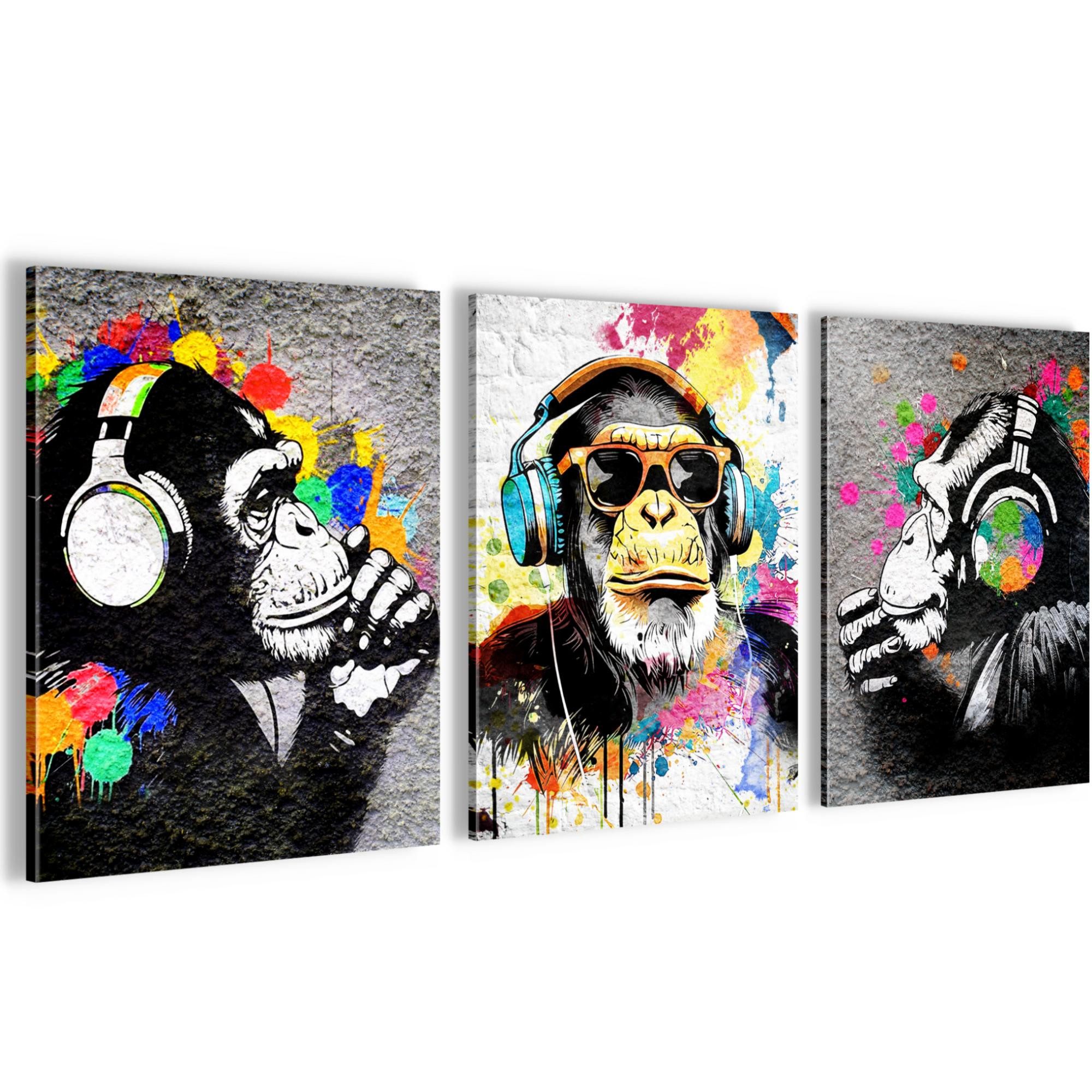 Novart Wandbild Set Banksy Style Collage 3 Bilder Wohnzimmer Streetart, Affe mit Kopfhörer