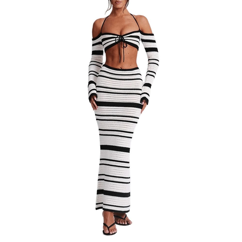 MOPUEA Sommerkleid Zweiteiliges Damen Strandkleid Häkelset bauchfreies Top & langer Rock (1-tlg)