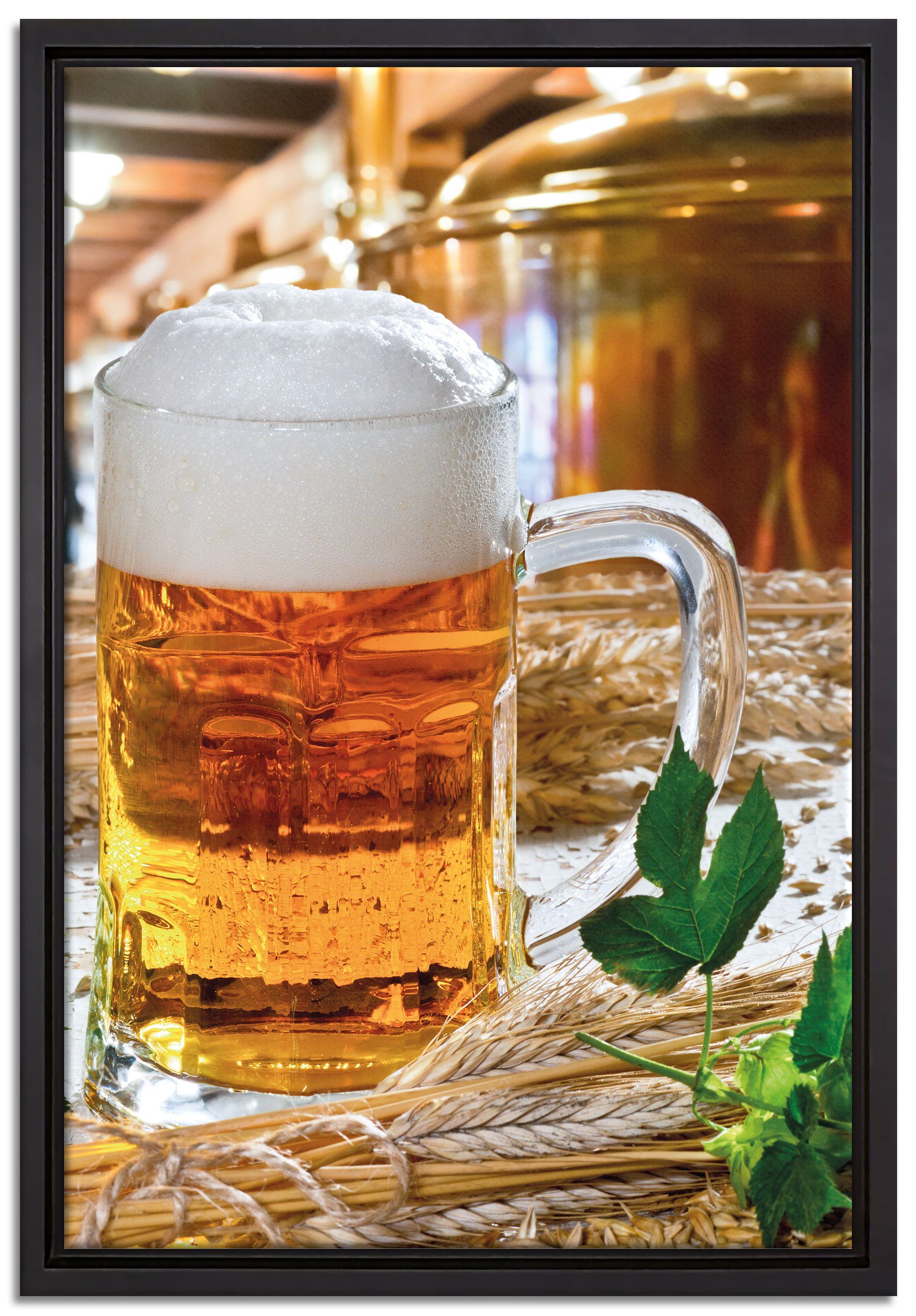 Pixxprint Leinwandbild frisches Bier mit Hopfen, Wanddekoration (1 St), Leinwandbild fertig bespannt, in einem Schattenfugen-Bilderrahmen gefasst, inkl. Zackenaufhänger