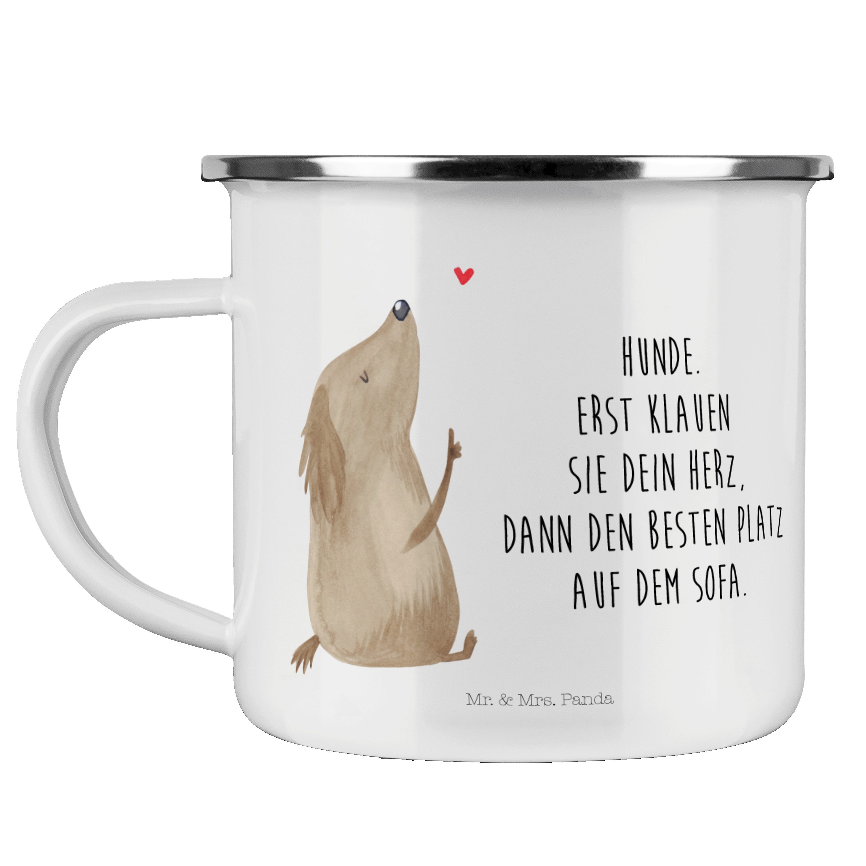 Hund Emaille Tasse Geschenk, Becher Liebe Mrs. - Mr. Camping & Her, Metall, Weiß Panda - Campingtasse,