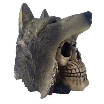 MystiCalls Dekofigur Totenkopf mit Wolfskopf, Gothicfigur, Dekofigur