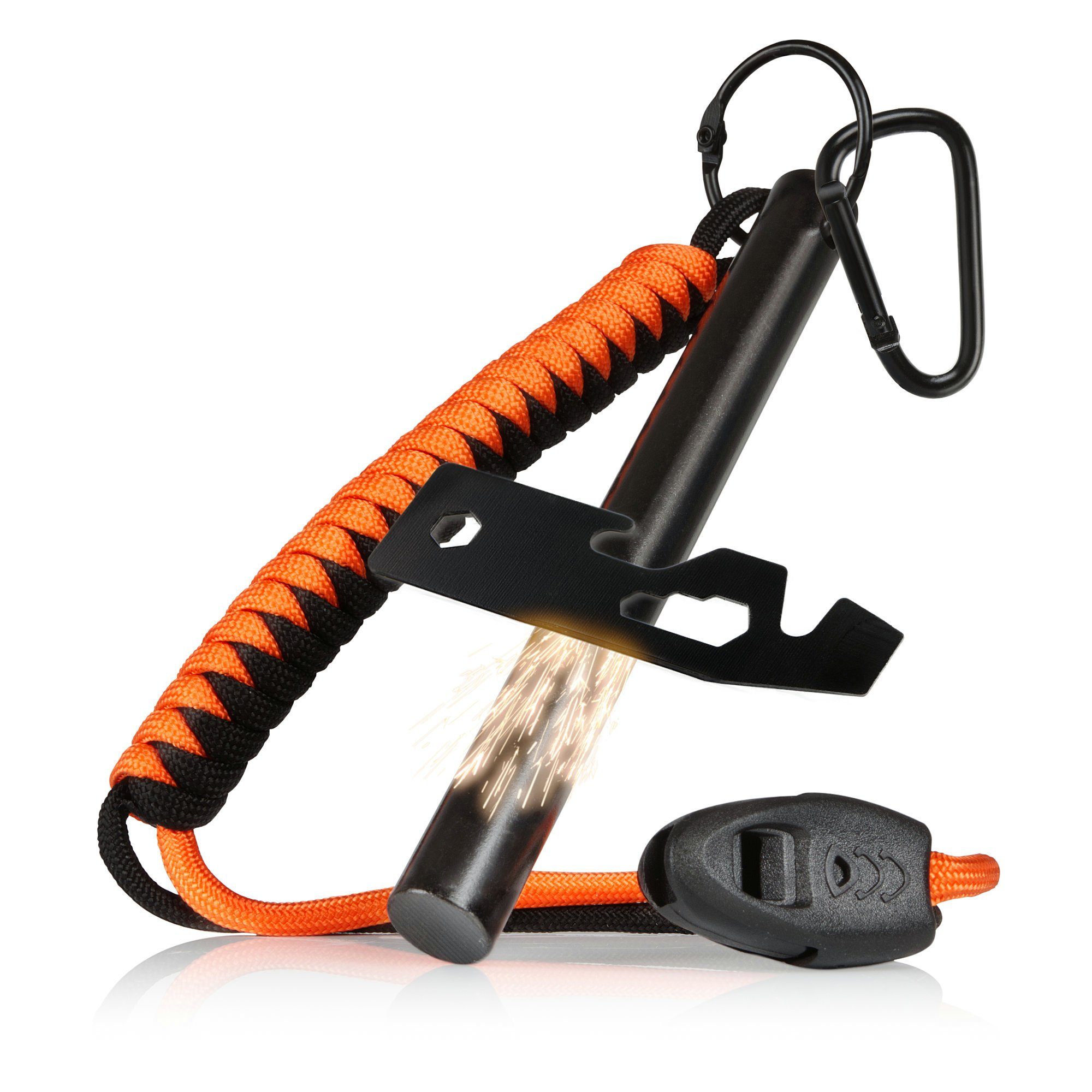 CampFeuer Feuerzeug Feuerstahl mit Multi-Tool, Notfall-Pfeife und Karabiner, Survival Set, Feuerstahl mit Multi-Tool, Notfall-Pfeife und Karabiner