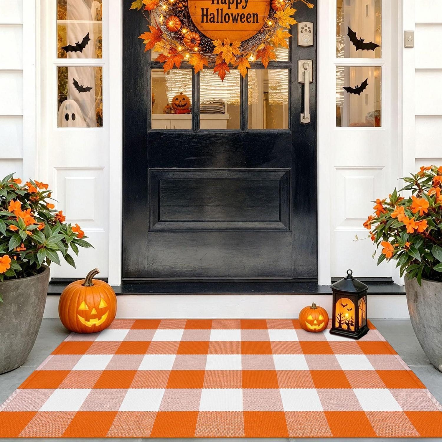 LuxusKollektion Outdoorteppich Fußmatte Außen kariert Orange Weiß 70x109cm, rechteckig, Höhe: 6 mm