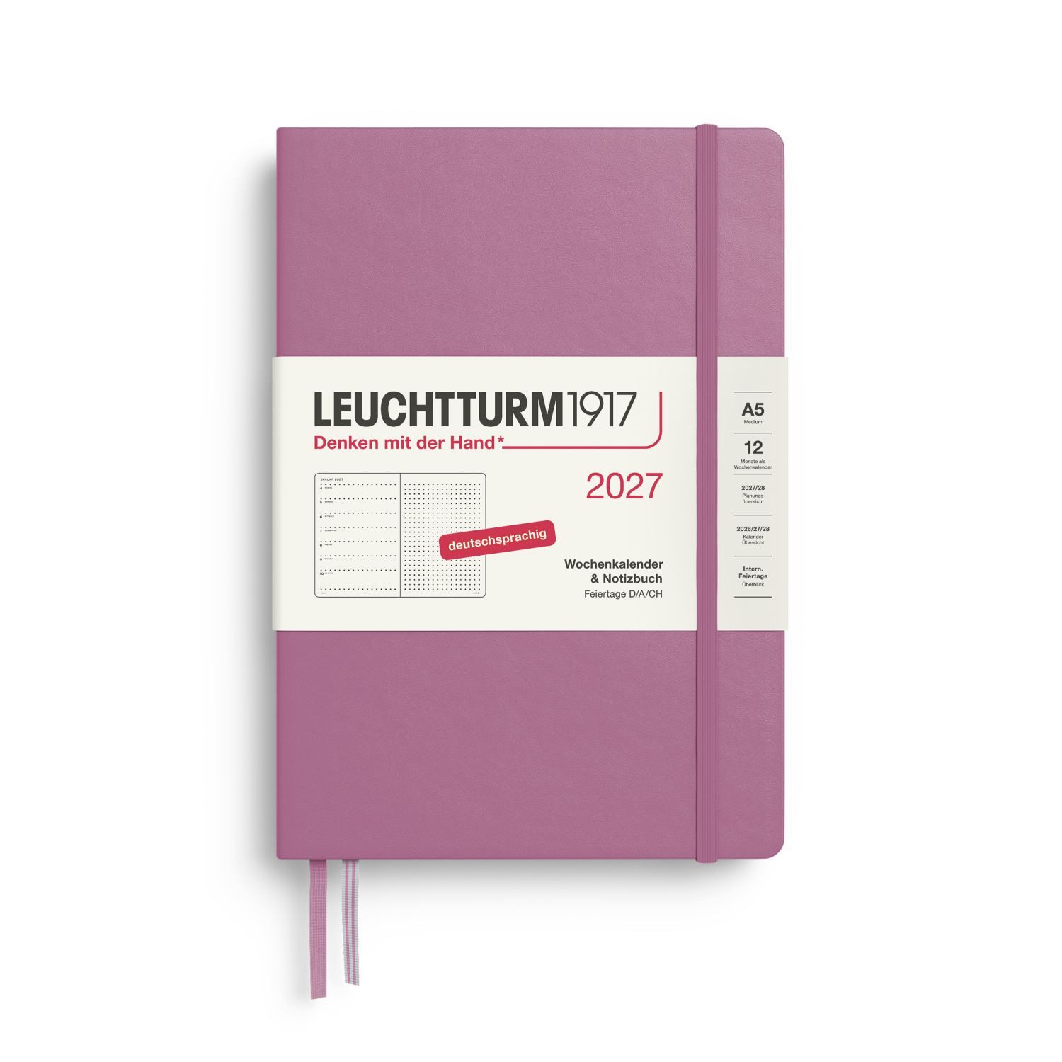 Leuchtturm1917 Taschenkalender Wochenkalender 2027 & Notizbuch Dotted Medium A5 Hardcover Dusty Rose