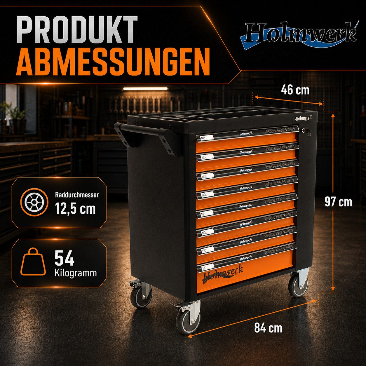 Holmwerk Werkstattwagen Werkstattwagen Profi leer orange Montagewagen Werkzeugwagen Assistent, leer, max. Traglast:400 kg, (Artikel, 1-tlg), Vollauszug