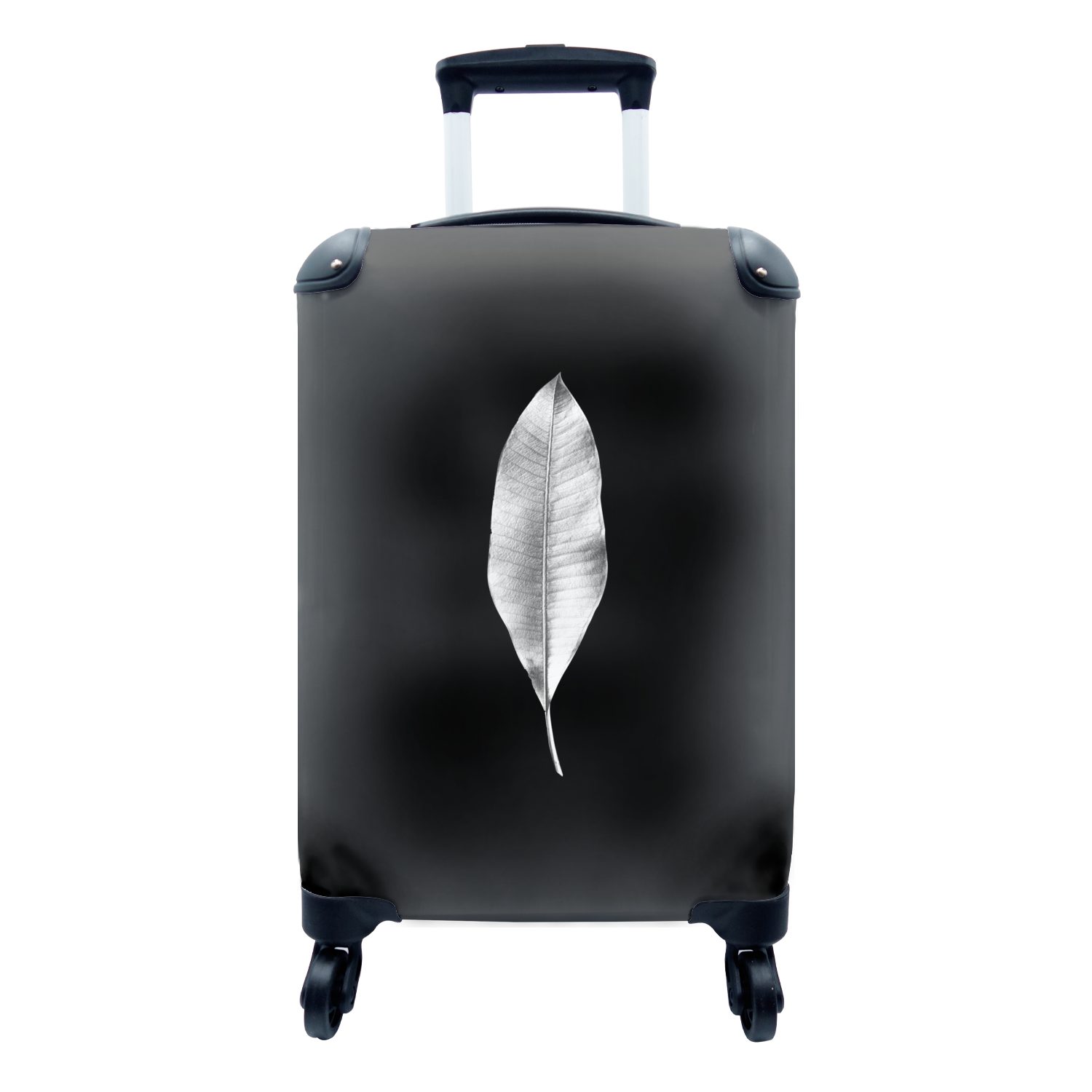 MuchoWow Handgepäckkoffer Längliches Blatt auf schwarzem Hintergrund - schwarz und weiß, 4 Rollen, Reisetasche mit rollen, Handgepäck für Ferien, Trolley, Reisekoffer