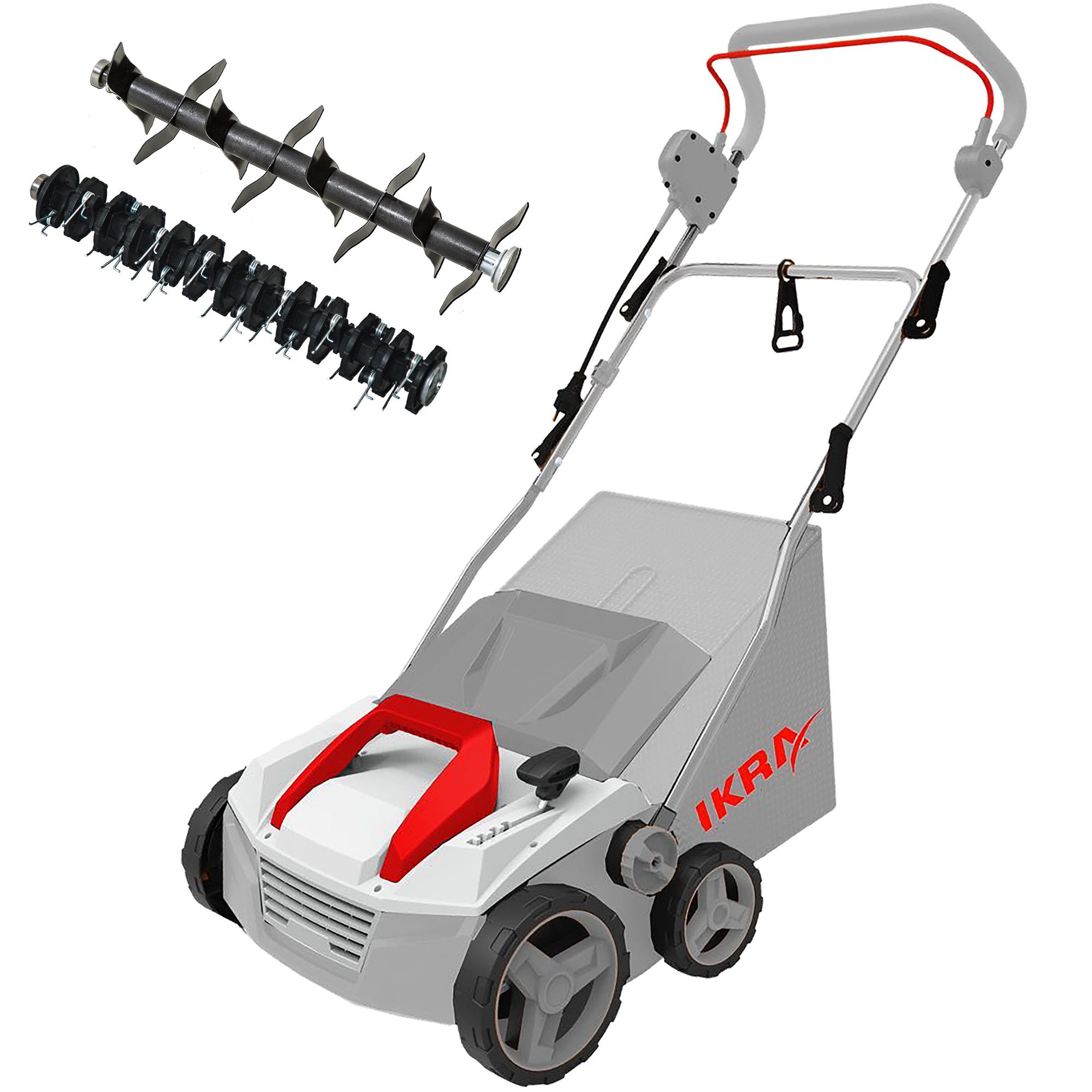 ikra GmbH Elektro-Vertikutierer IEVL 1838, 38 cm Arbeitsbreite, (inkl. Walzen & Fangkorb), 2in1 Gerät, 1.800 Watt, werkzeugloser Walzenwechsel
