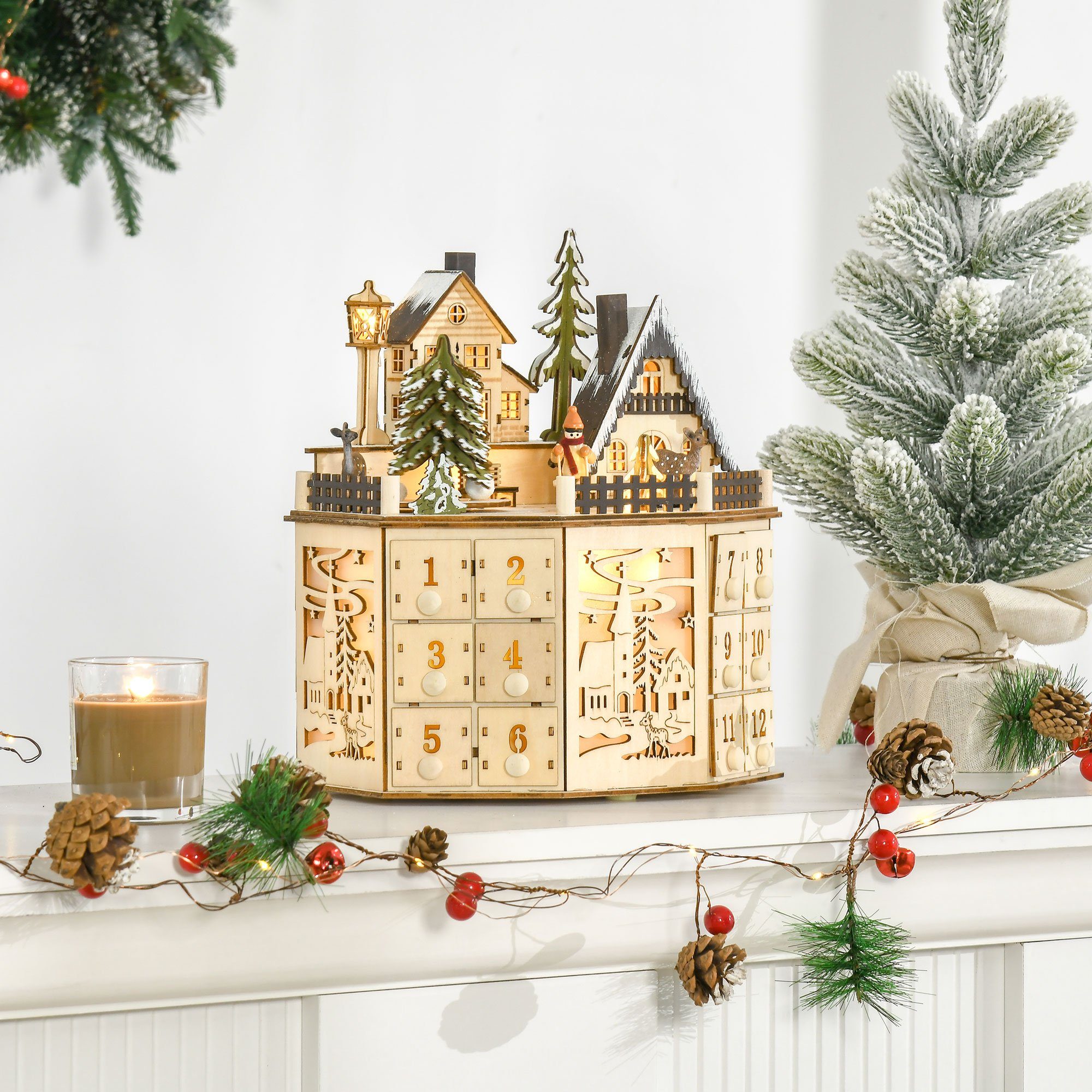 HOMCOM Weihnachtsdorf Weihnachts-Adventskalender, mit LED-Lichtern Adventskalenderbox, Naturholz 25 x 20 x 29 cm