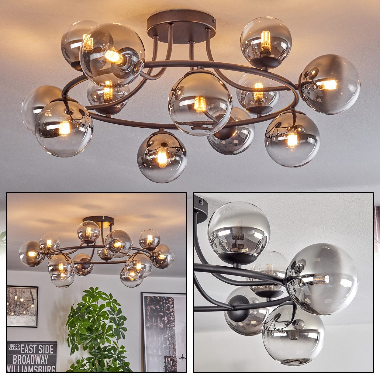 Deckenleuchte Deckenlampe aus Metall/Glas in Schwarz/Rauchfarben/Klar