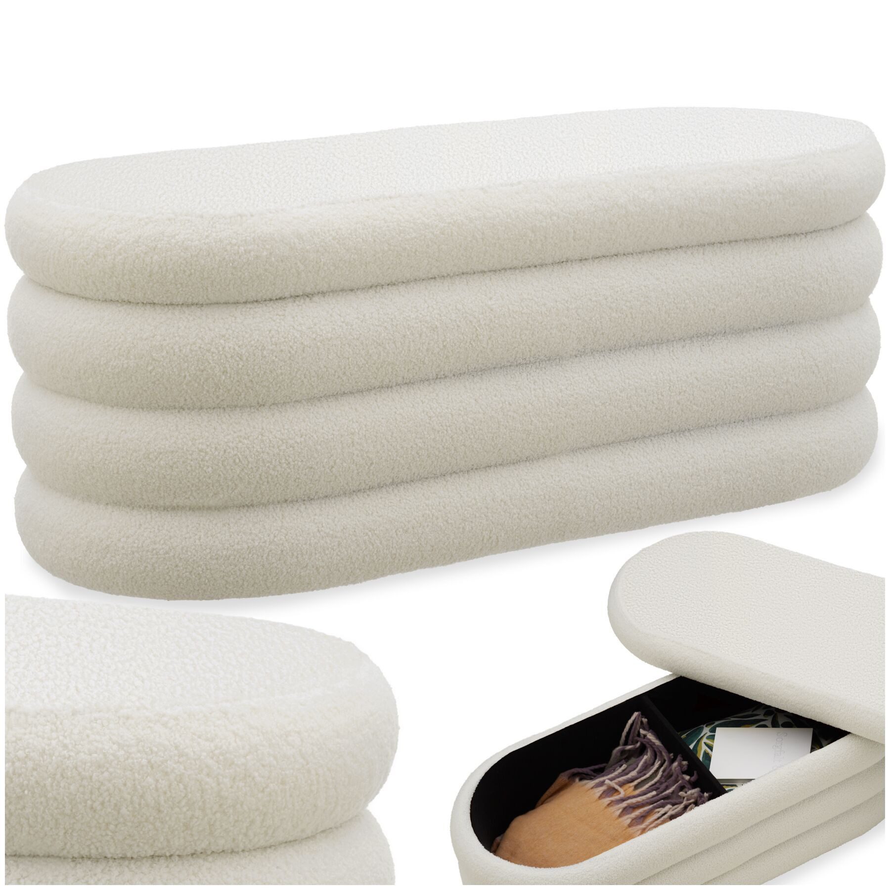 tectake Bank Polsterbank Altu mit großem Stauraum, 110 x 45 x 42 cm (Sitzbank, 1-St. Bouclé Creme-Weiß), bodenschonende Kunststoffkappen, Belastbarkeit 150 kg
