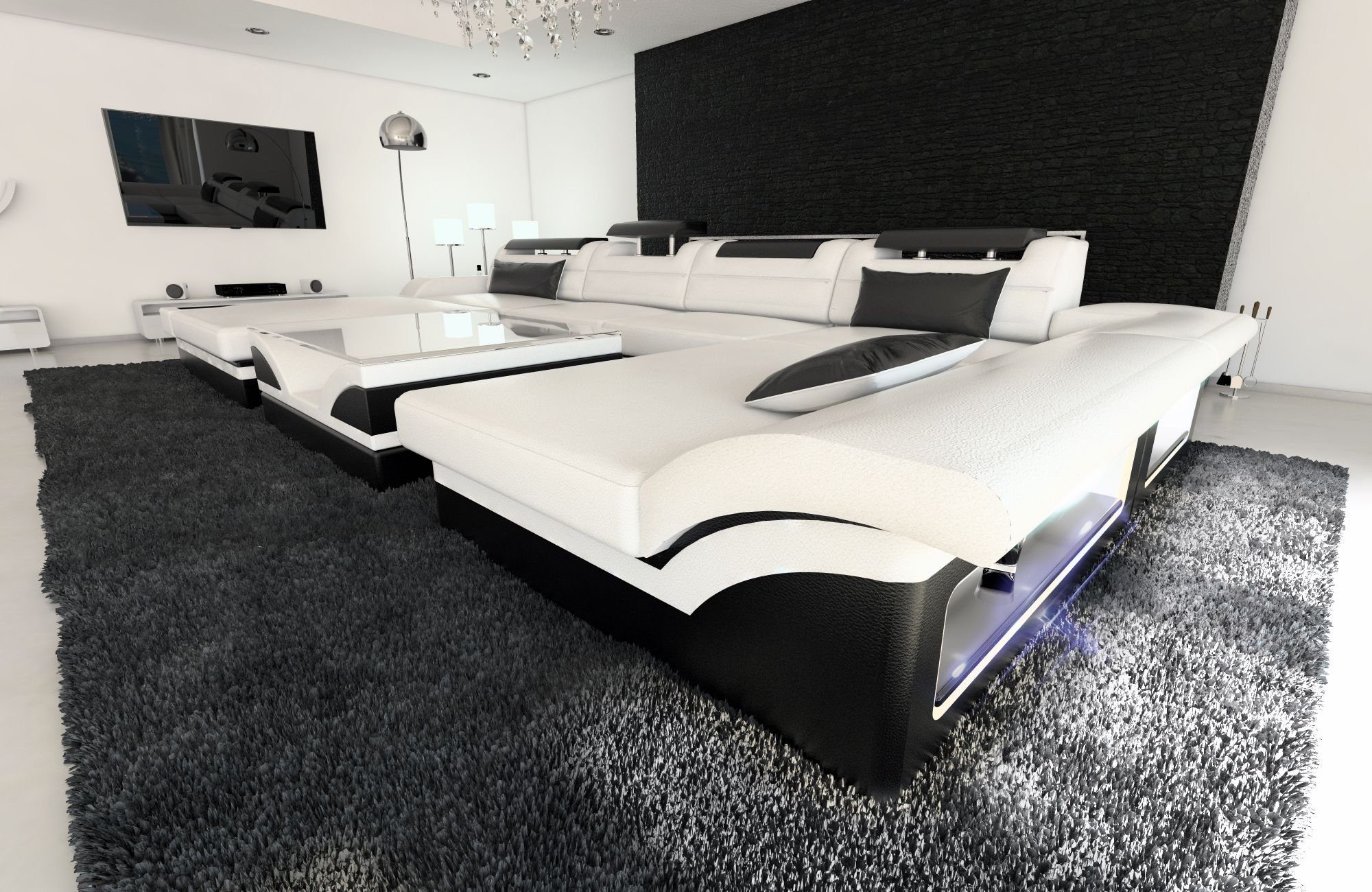 Sofa Dreams Wohnlandschaft Monza U Form Leder Sofa, Couch, mit USB-Anschluss, LED-Beleuchtung, Ausrichtung der Ottomane wählbar