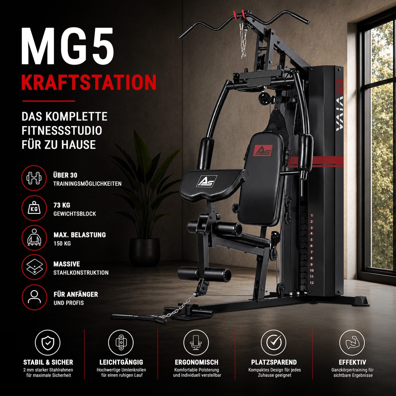 AsVIVA Kraftstation MG5 Pro Kraftstation Multi-Gym – Home Gym mit 73 kg Gewichtsblock, 13 Gewichtsblöcke (Trizepsseil, 2 Einzelgriffe, 2 Zugstangen, Montagezubehör), Kabelzugstation, Latzug, Butterfly