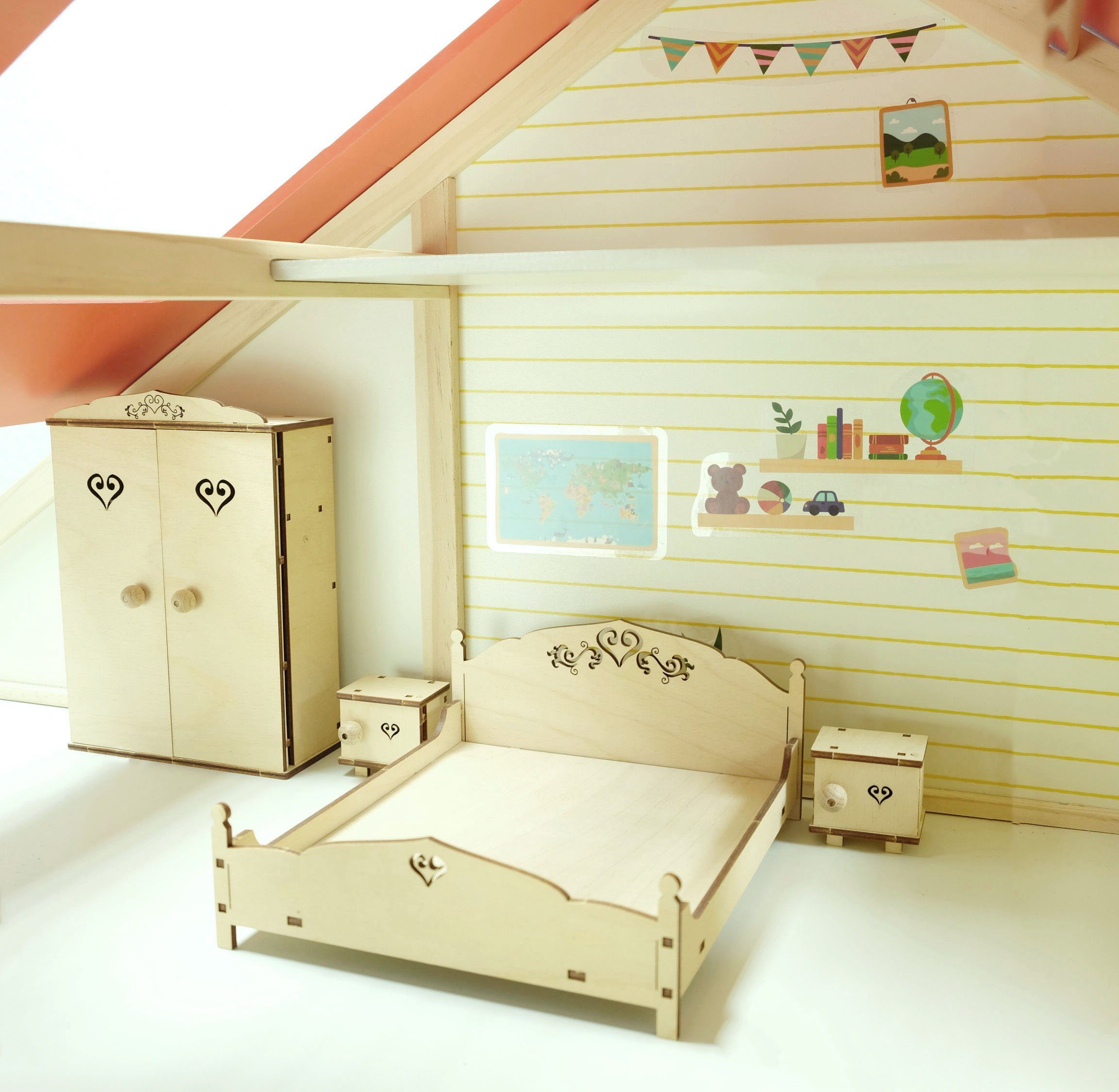 Möbel Puppenhaus in DeColibri Schlafzimmer, Made aus Holz, Holz, bemalbar Germany, Puppenhausmöbel