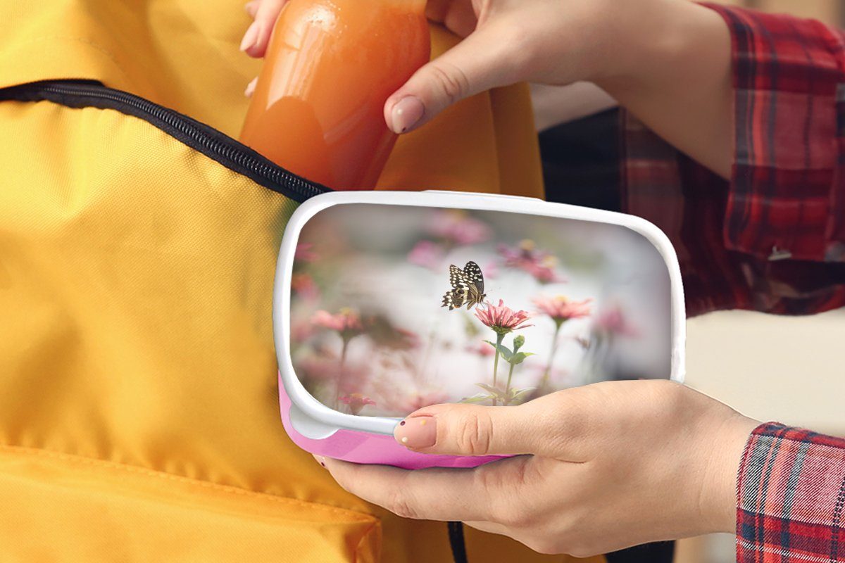 MuchoWow Lunchbox Schmetterling Rosa, Snackbox, (2-tlg), Kunststoff Kunststoff, Blume Brotdose - Erwachsene, - Brotbox Mädchen, für Kinder