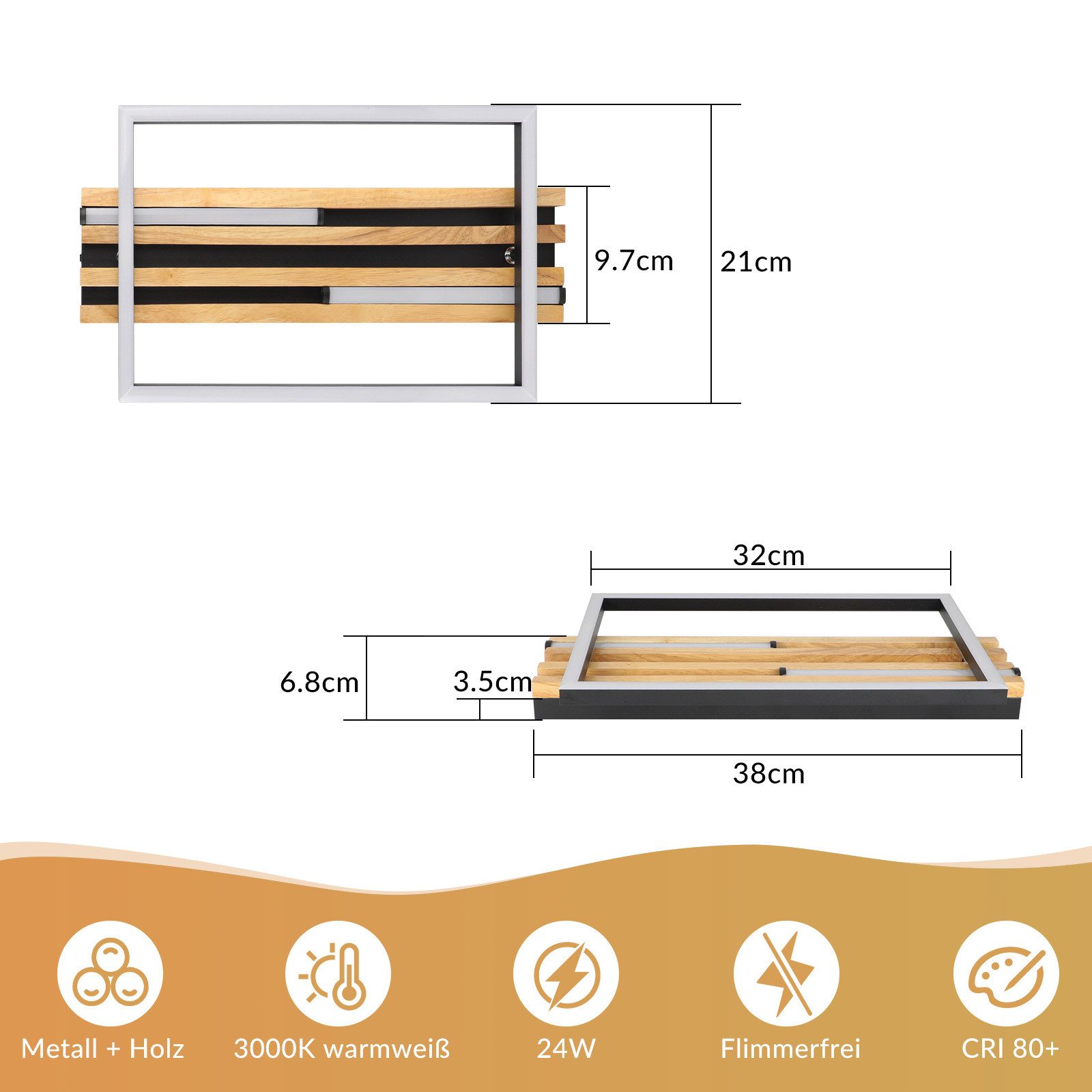 Nettlife LED Deckenleuchte Dimmbar Holz 2/3/4 Ringe Modern Deckenlampe Wohnzimmer, LED fest integriert, 24W 38*20.9*6.8CM für Schlafzimmer Büro Küche – Bild 3 von 5