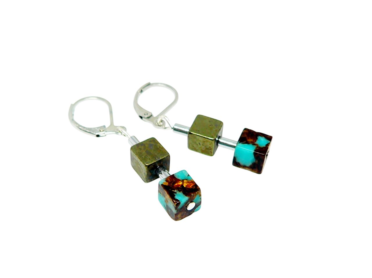 Ohrhänger-Set 213mo OhrhängerJaspis Würfel 6mm türkis braun kupfer Pyrit