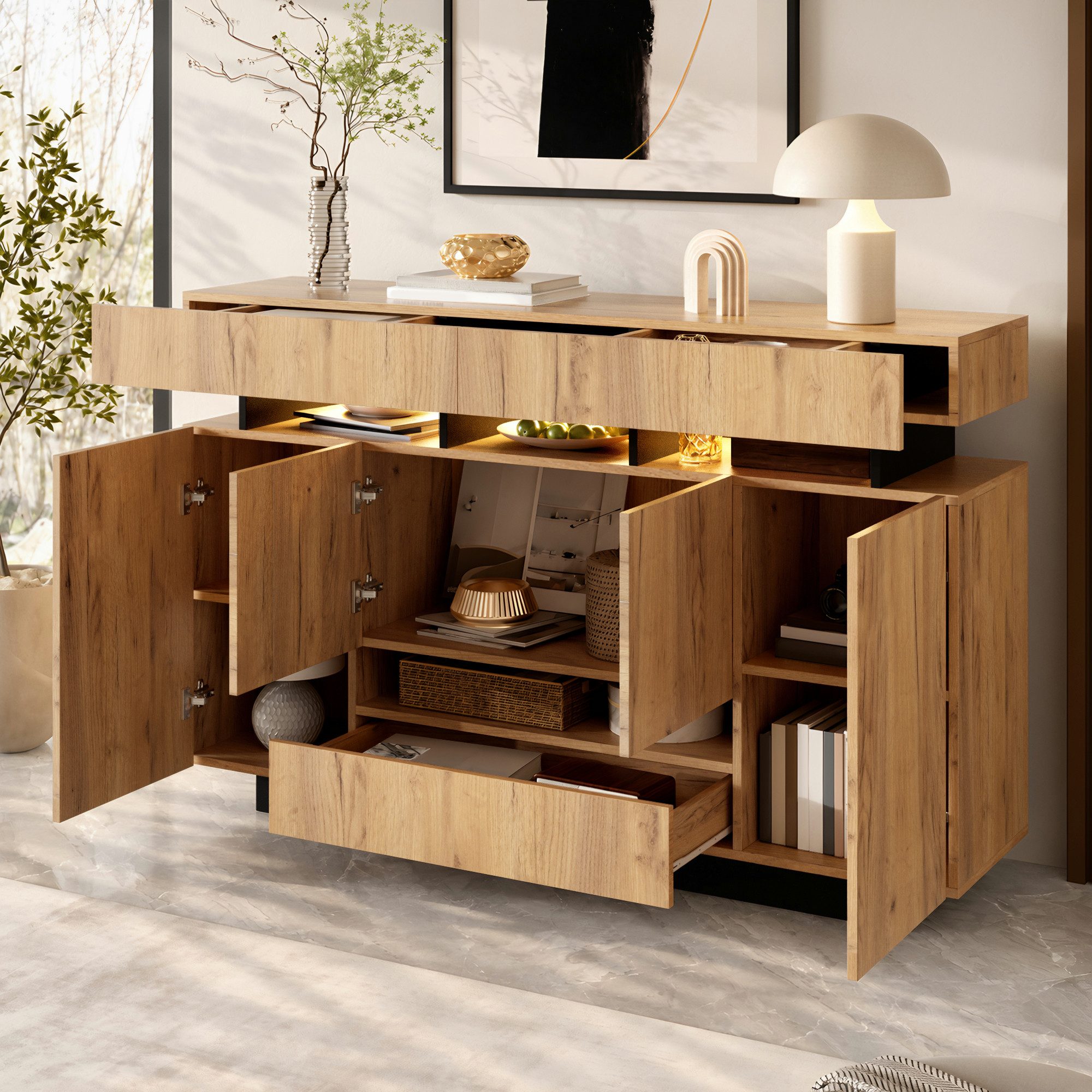 i@home Sideboard Vielseitig Kommode,Schubladenschrank,mit Stauraum,140x35x90cm, mit 3 Schubladen,4 Türen&RGB-Beleuchtung,offenen …