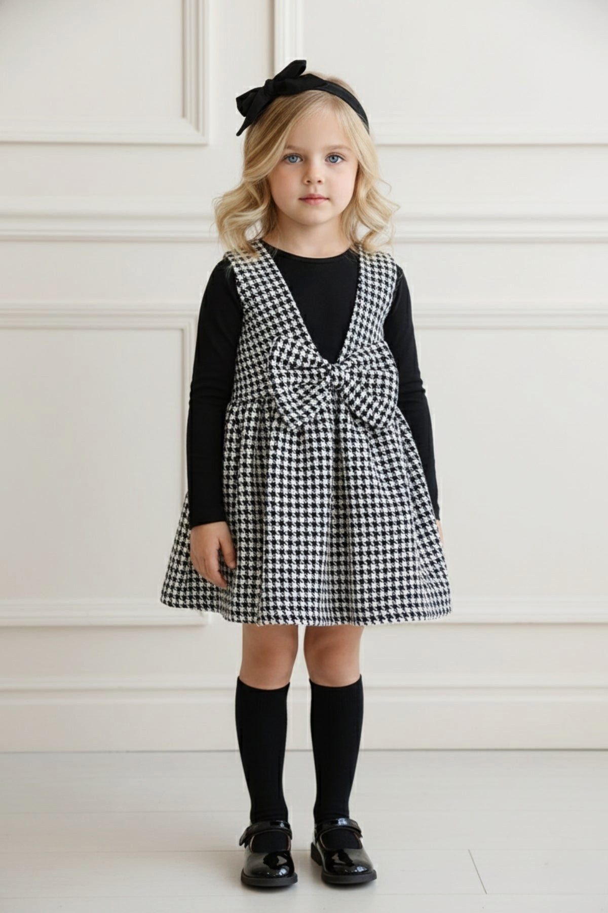 Parla Kids Kleid & Haarband Kleid mit Hahnentritt Muster und Schleife dazu passendes Haarband