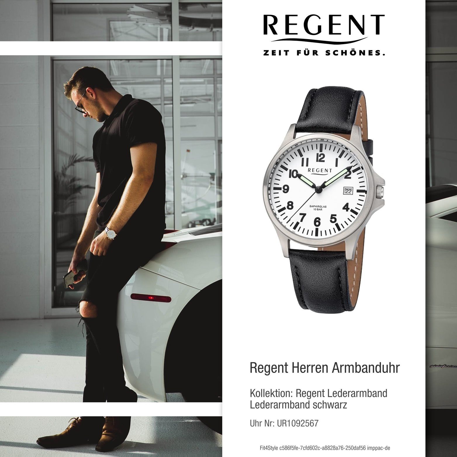 Regent Quarzuhr Regent Herren Armbanduhr schwarz, (ca. extra Analog, Herrenuhr Gehäuse, 36mm) groß rundes Lederarmband