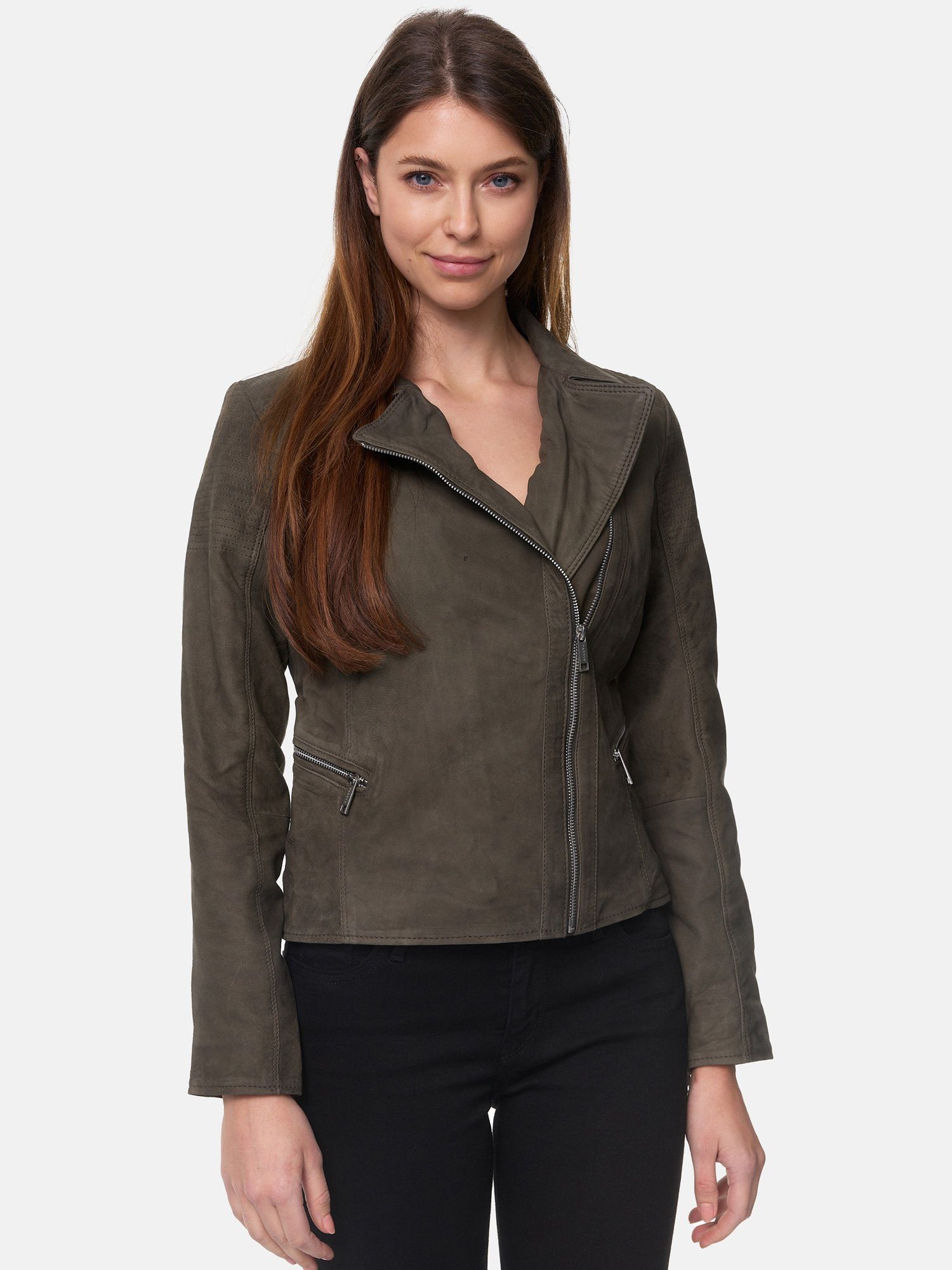 Zipper-Details Tazzio Damen Lederjacke Jacke Reverskragen im & khaki Leder mit Biker Look F500